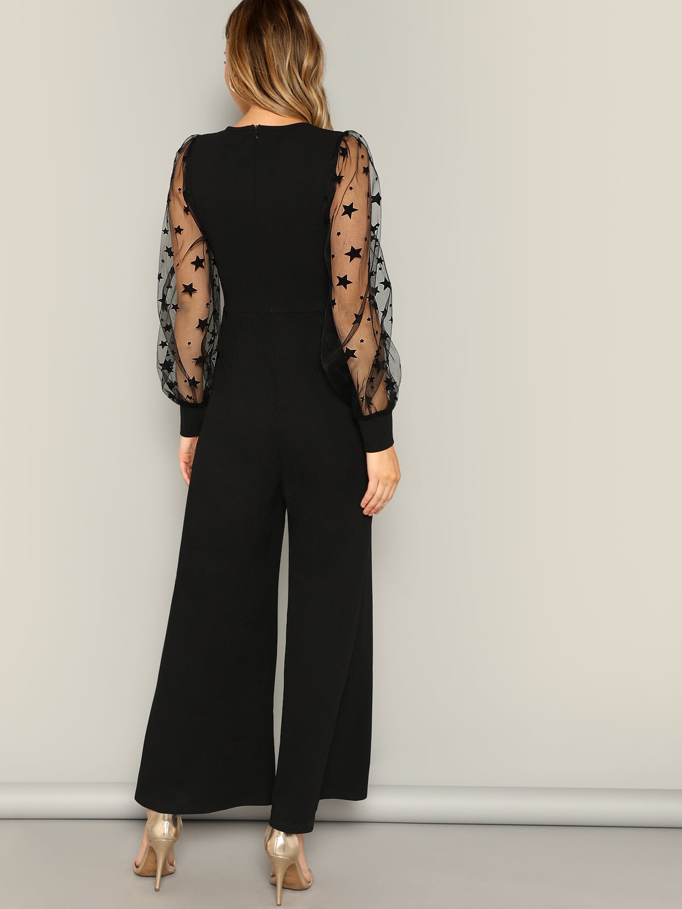 Modely Contrast Star Mesh Sleeve Wide Leg Jumpsuit