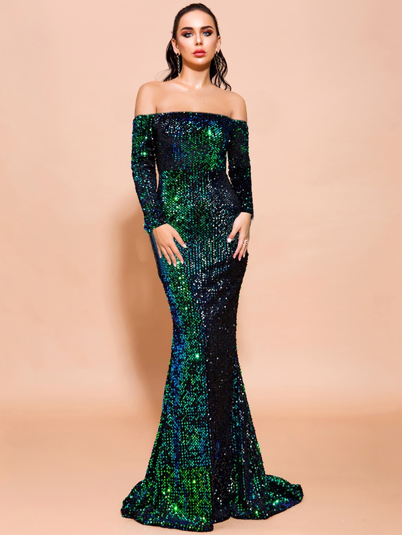 Missord Off Shoulder Iridescent Sequin Fishtail Prom Dress