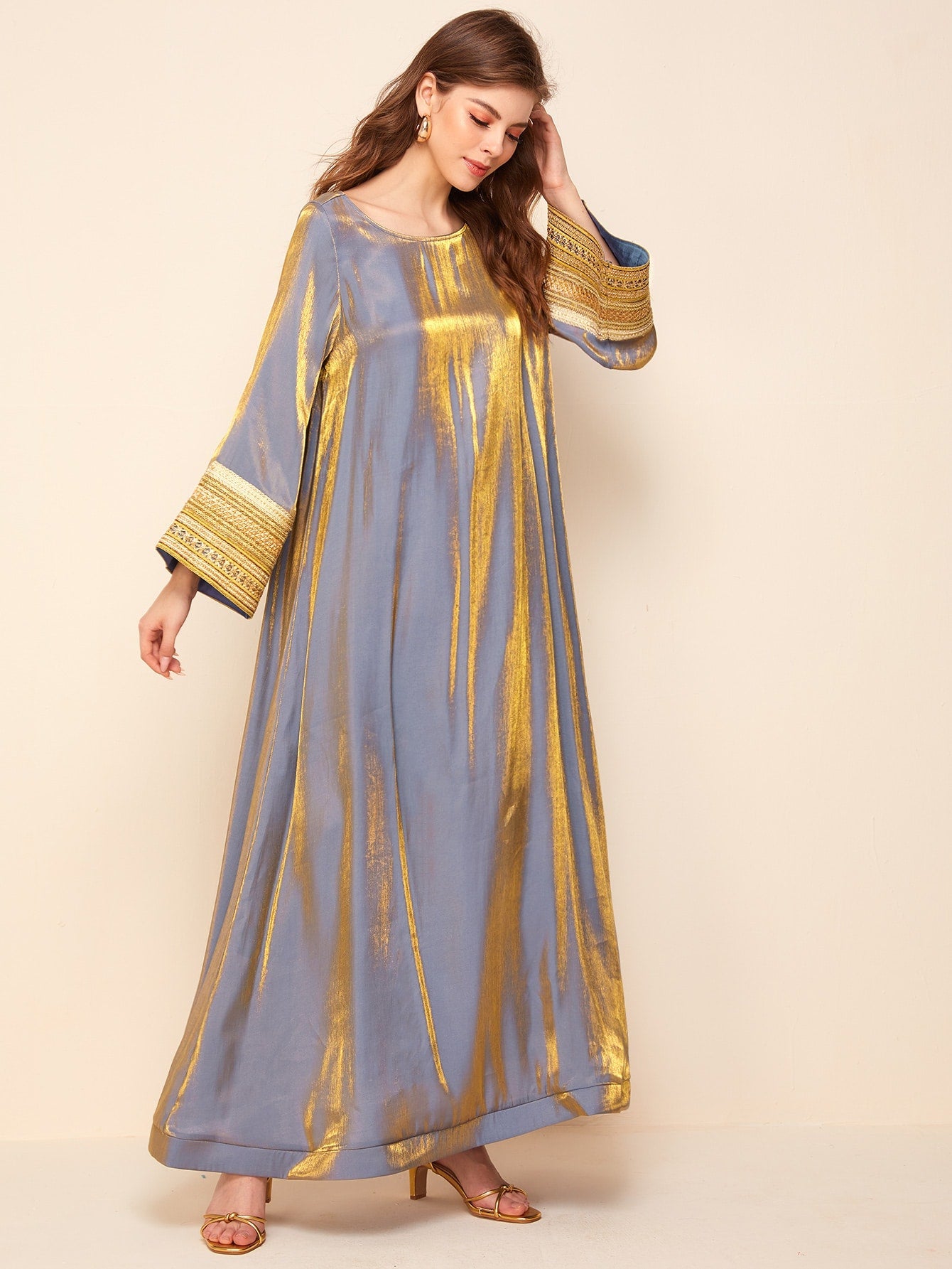 Najma Embroidered Tape Bell Sleeve Metallic Dress