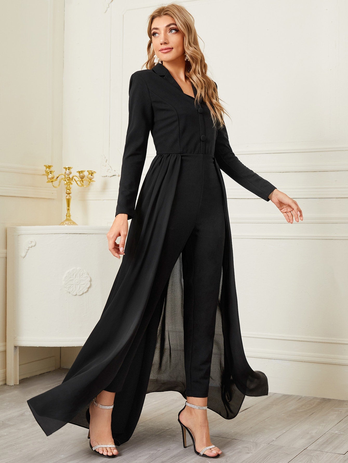 Mulvari Lapel Collar Solid Shirt Jumpsuit With Skirt