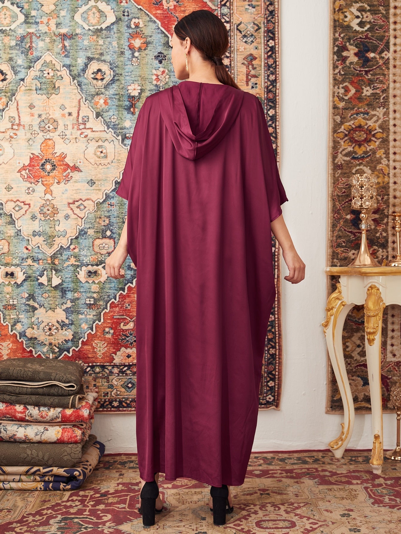 Najma Batwing Sleeve Pearls Detail Hooded Satin Tent Dress