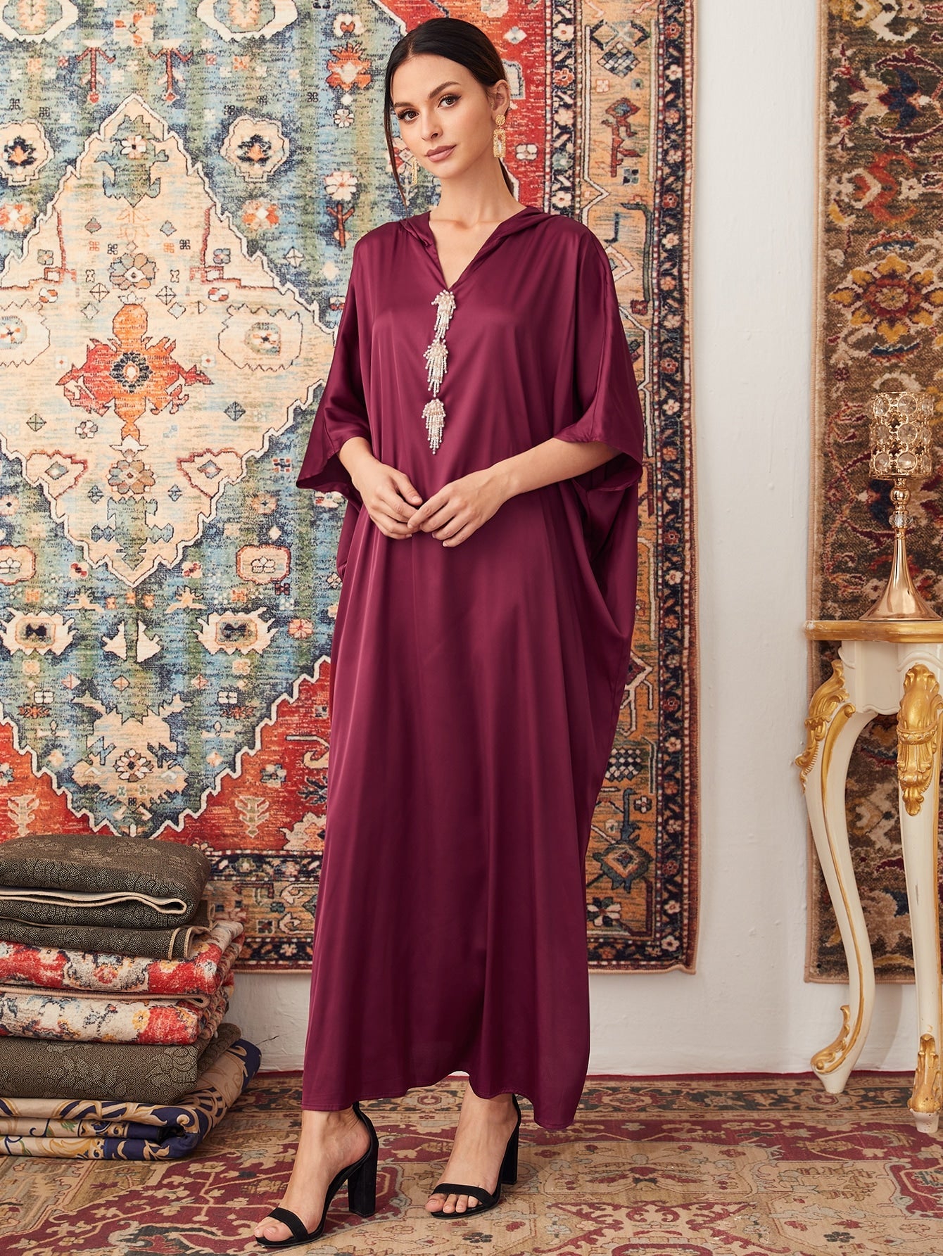 Najma Batwing Sleeve Pearls Detail Hooded Satin Tent Dress