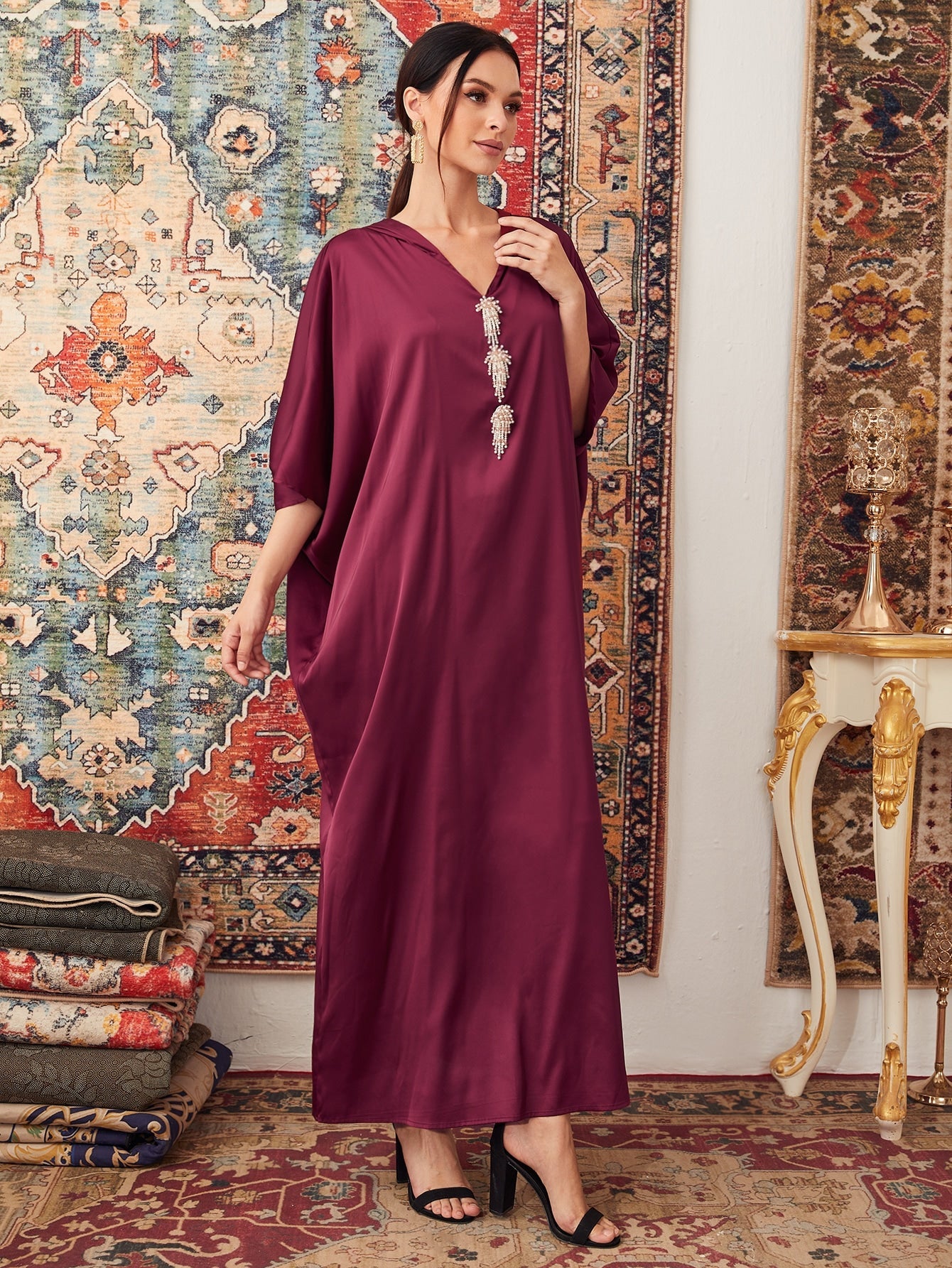 Najma Batwing Sleeve Pearls Detail Hooded Satin Tent Dress