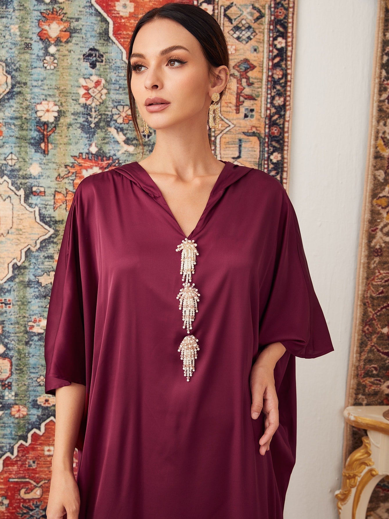 Najma Batwing Sleeve Pearls Detail Hooded Satin Tent Dress