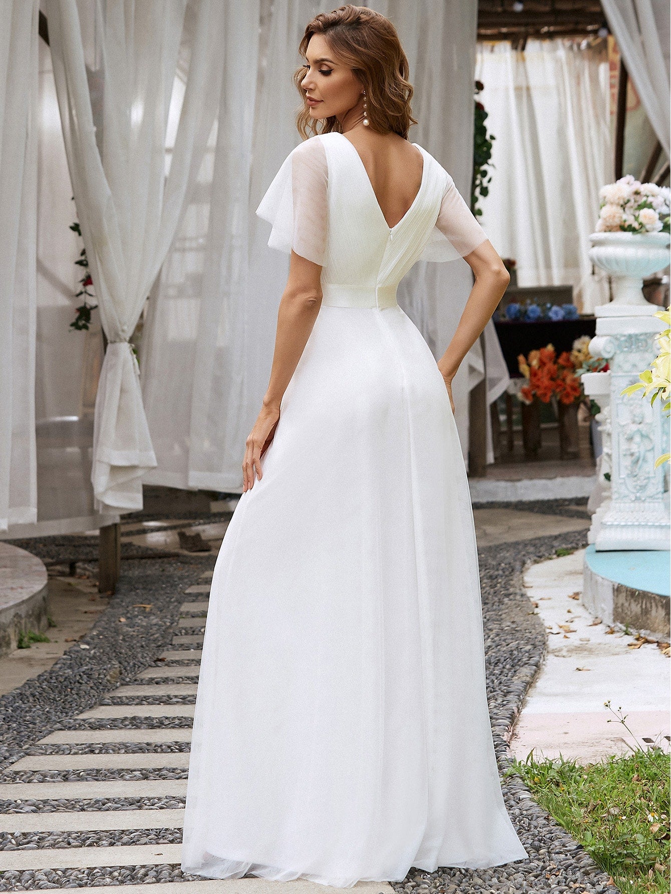 EVER-PRETTY Low Back Surplice Neck Ruched Mesh Prom Dress