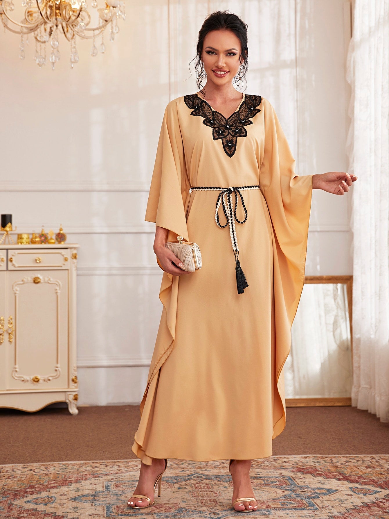 Najma Contrast Lace Belted Kaftan Dress