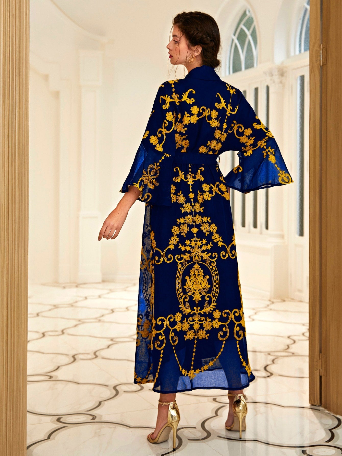 Najma Baroque Print Flounce Sleeve Belted Kaftan