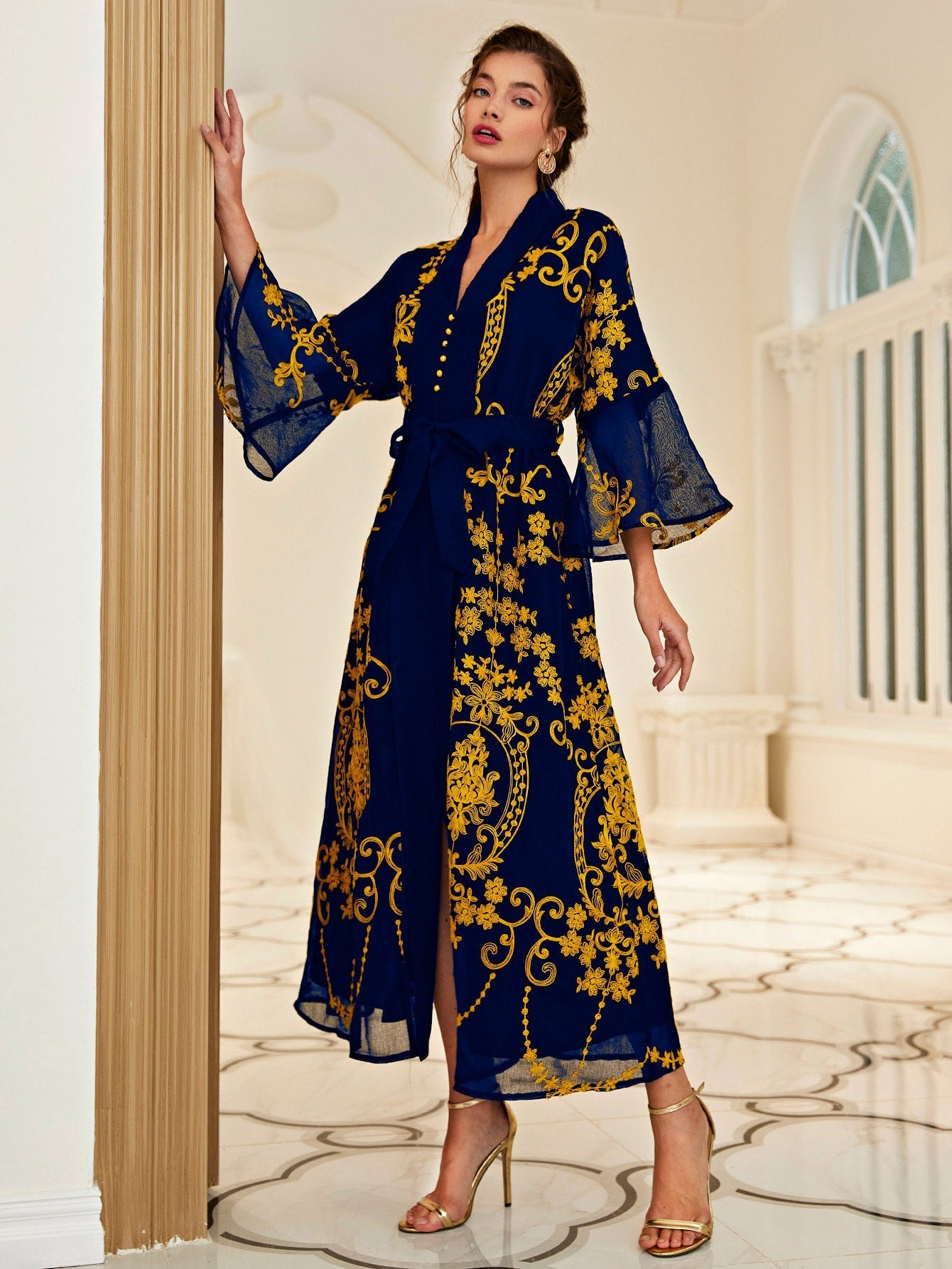 Najma Baroque Print Flounce Sleeve Belted Kaftan