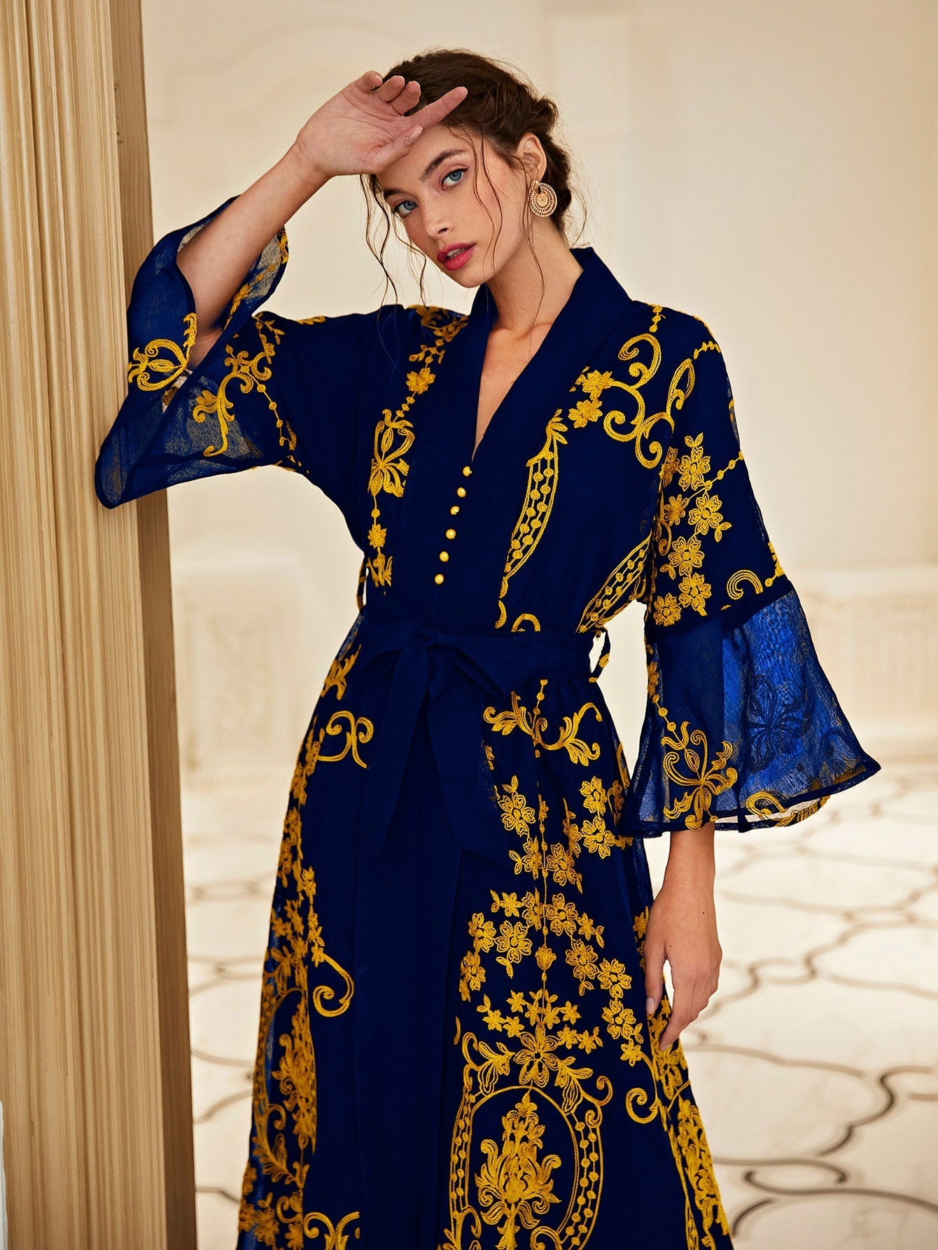 Najma Baroque Print Flounce Sleeve Belted Kaftan