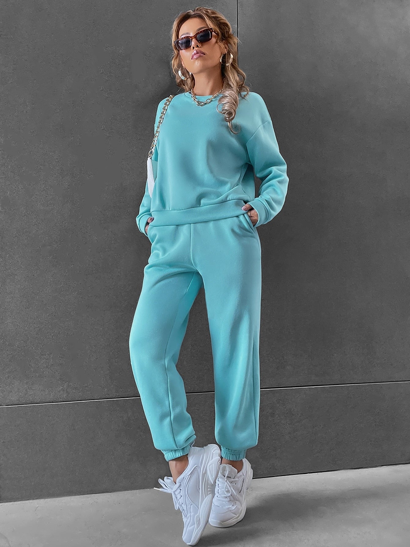 Solid Drop Shoulder Sweatshirt & Sweatpants