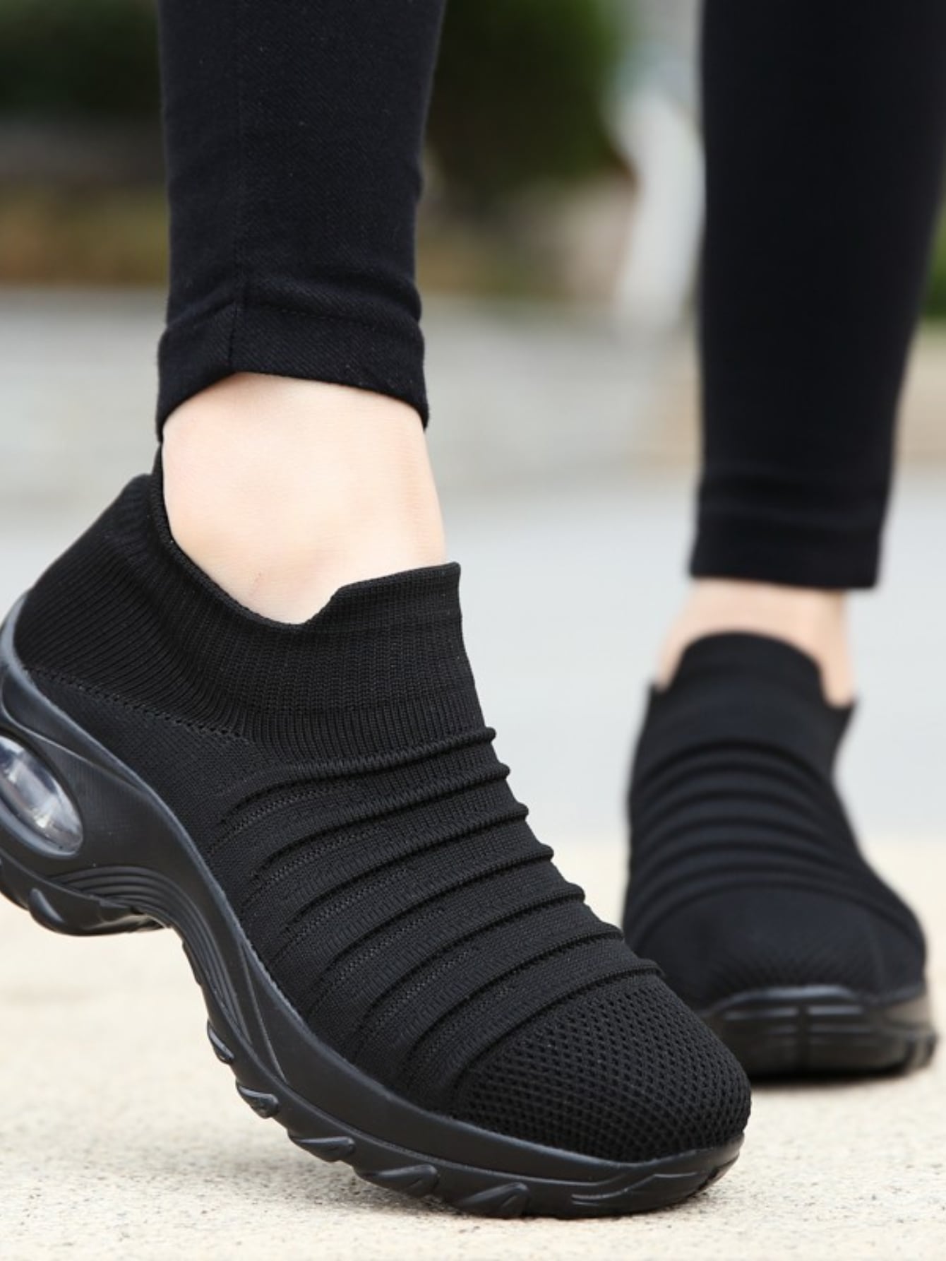 Women'S Breathable Knit Chunky Sneakers, Casual Slip On Air Cushion Shoes, Lightweight Low Top Sock Shoes