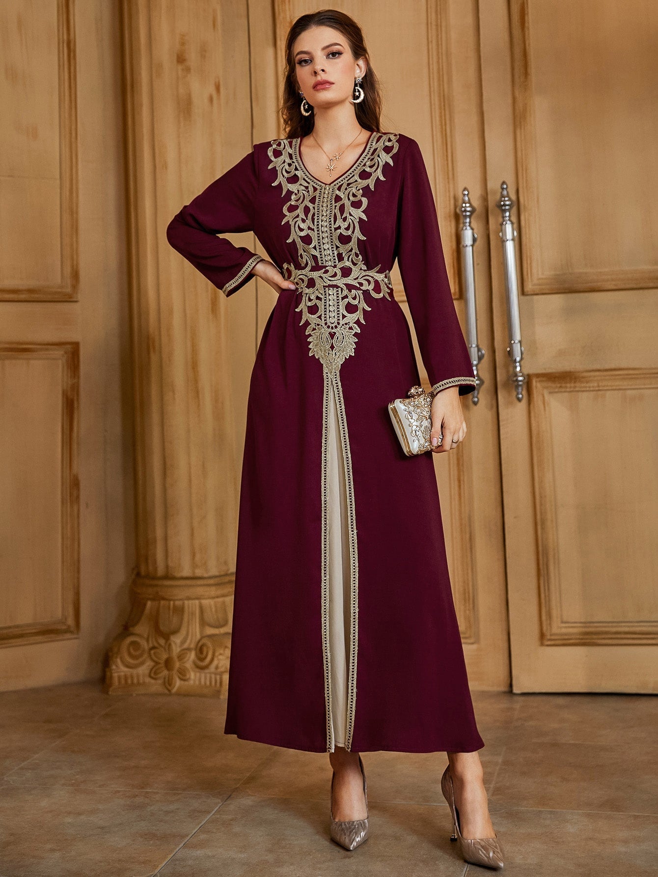 Najma Embroidery Contrast Trim Tie Back Kaftan Dress