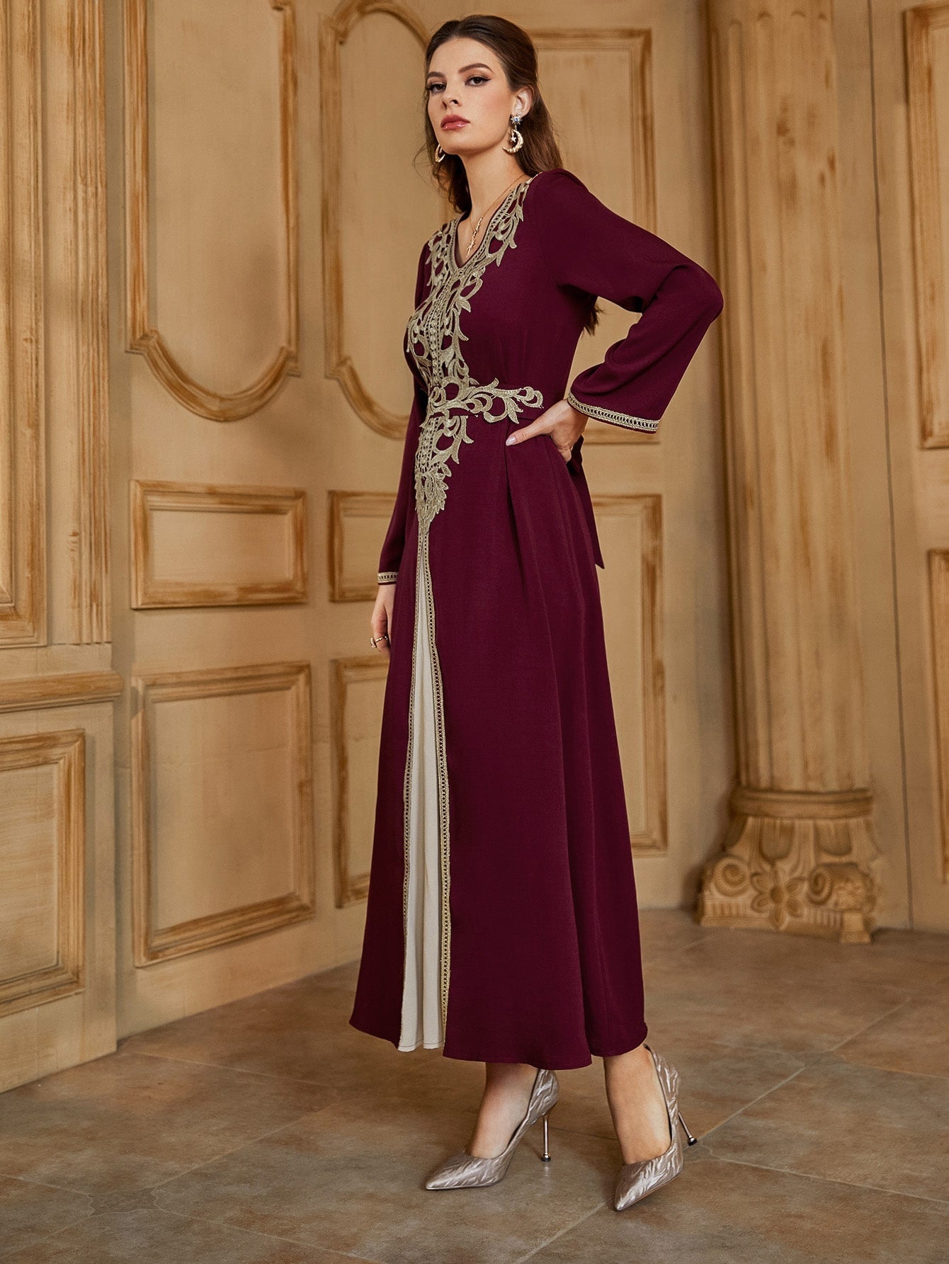 Najma Embroidery Contrast Trim Tie Back Kaftan Dress