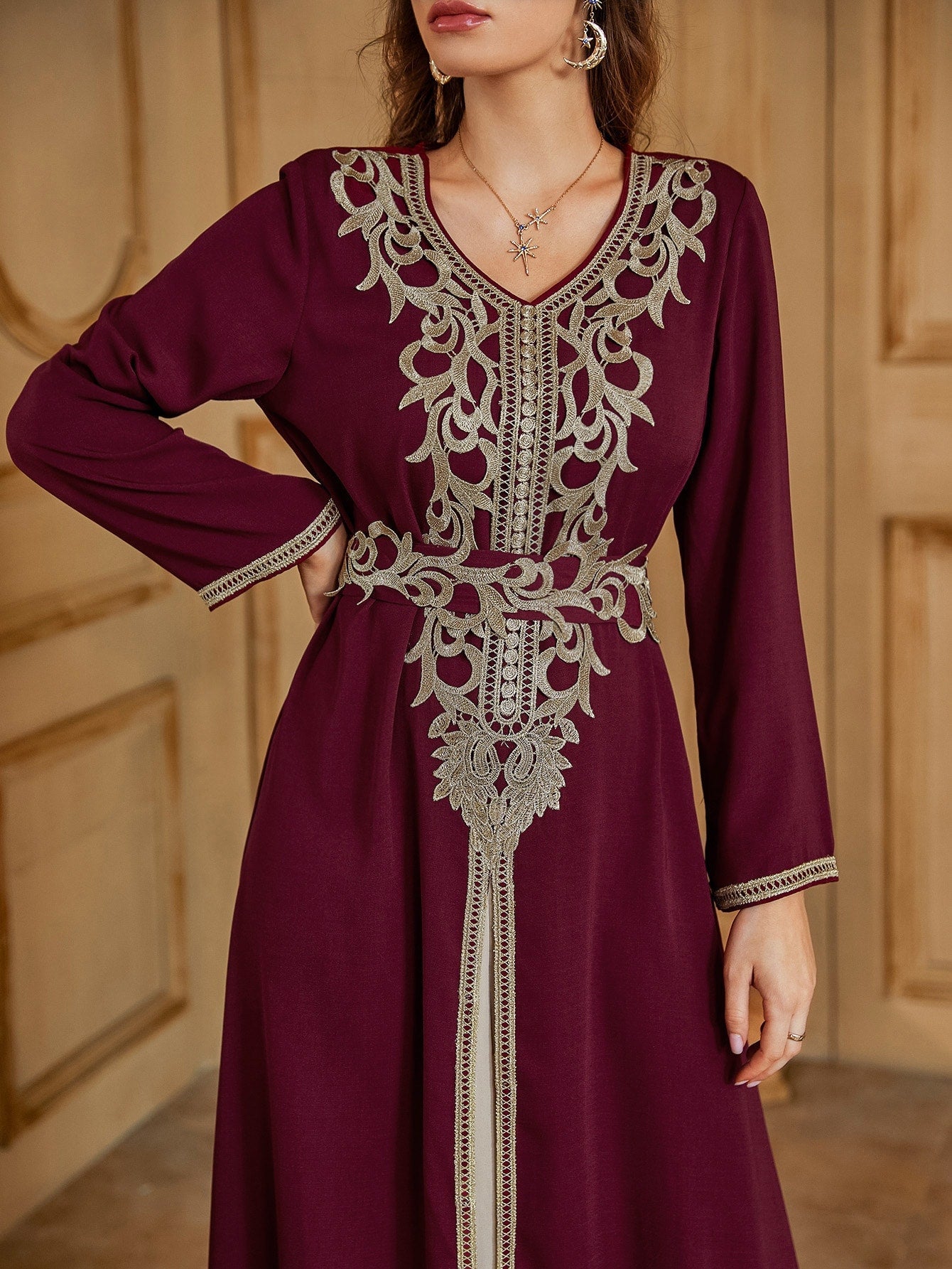 Najma Embroidery Contrast Trim Tie Back Kaftan Dress