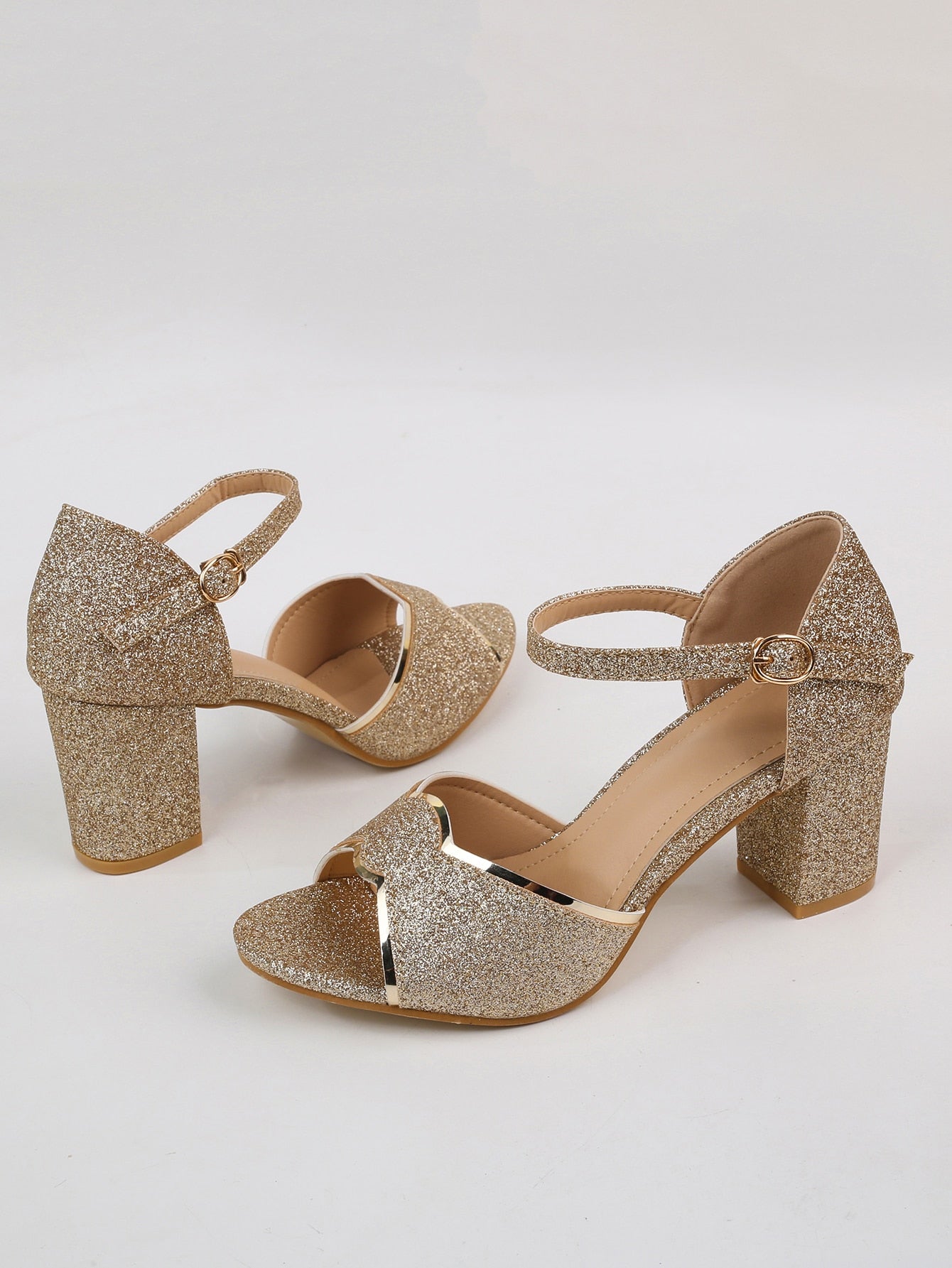 Women Ankle Strap Sandals, Glitter Chunky Heeled Glamorous Sandals Silver