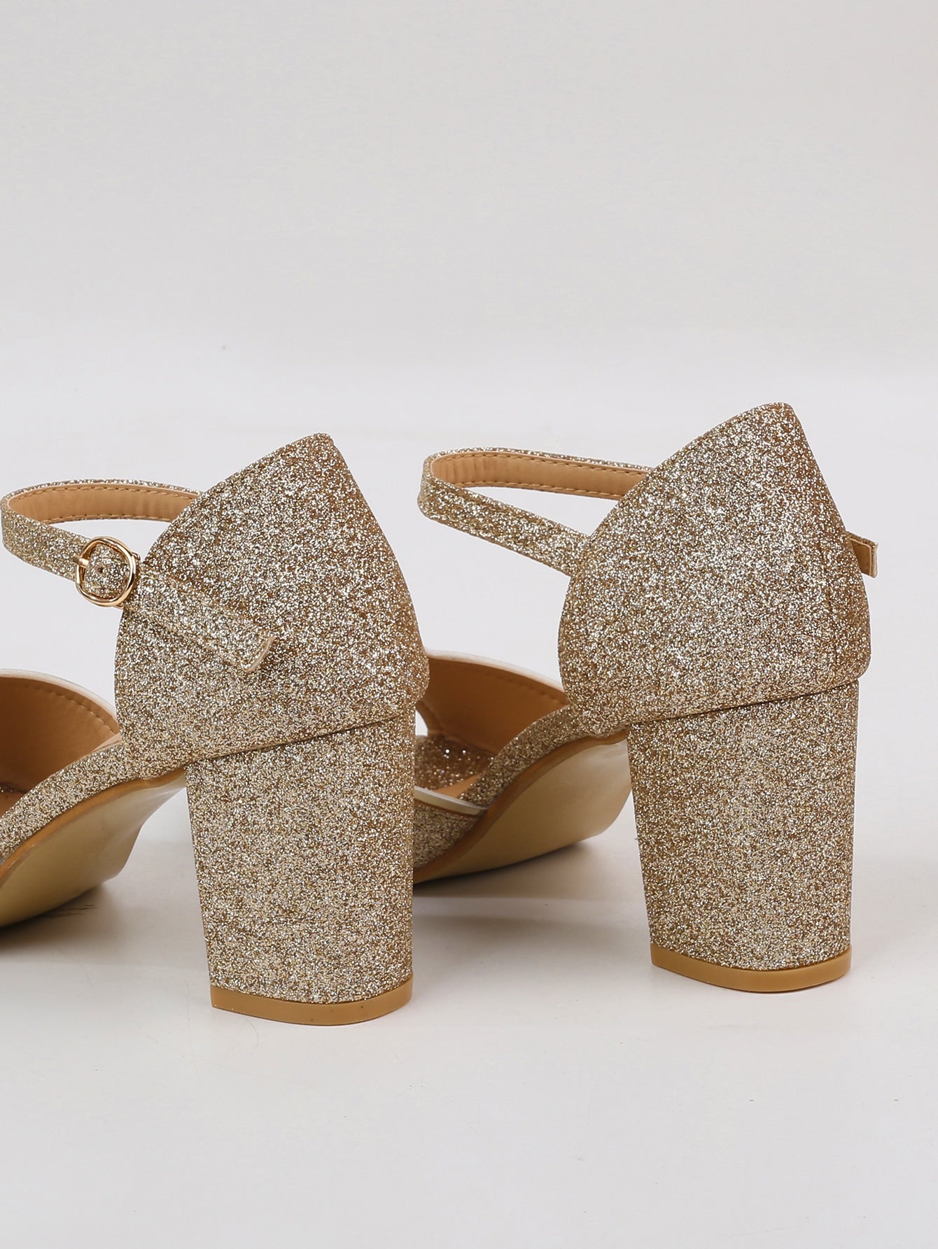 Women Ankle Strap Sandals, Glitter Chunky Heeled Glamorous Sandals Silver