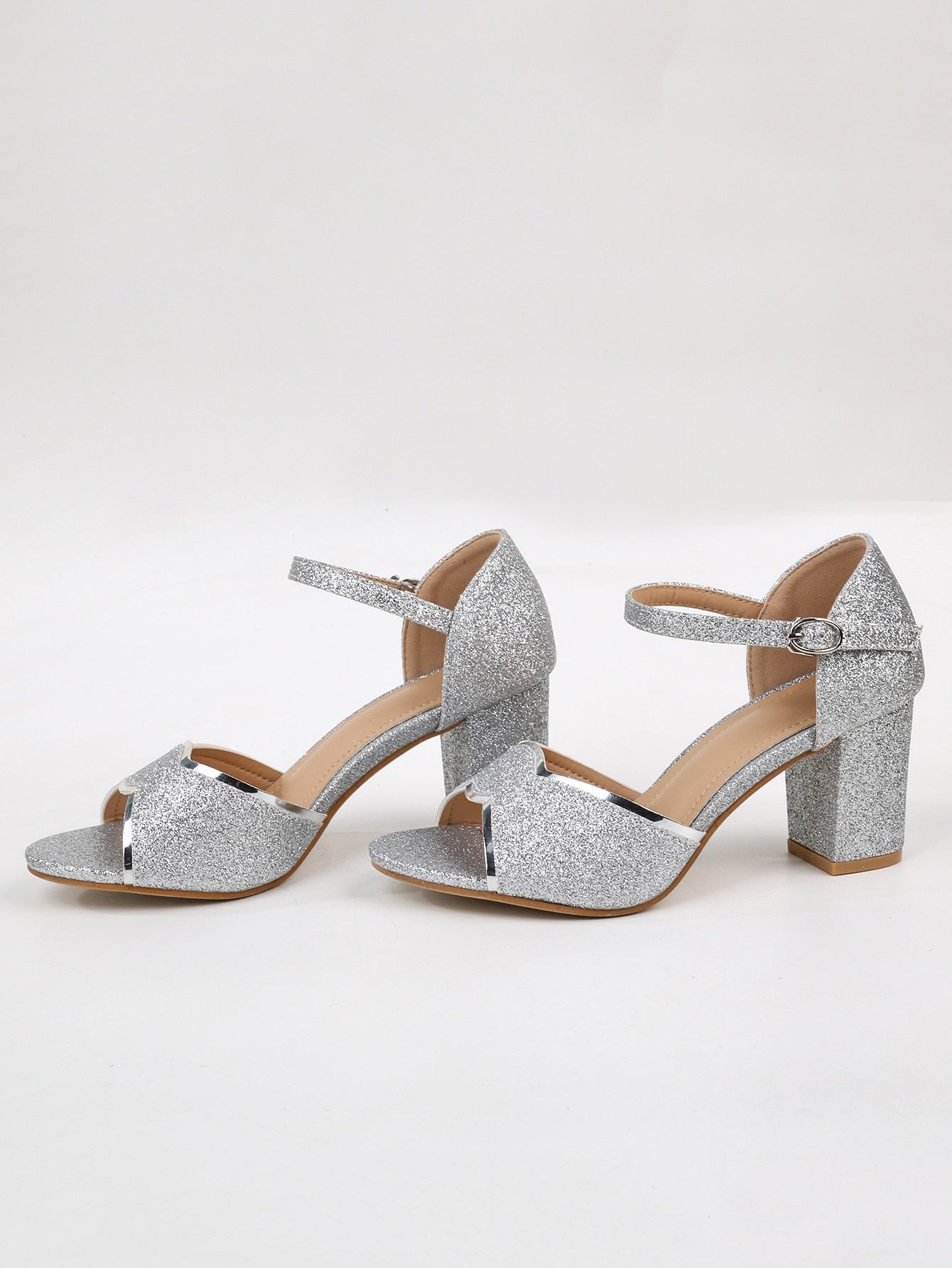 Women Ankle Strap Sandals, Glitter Chunky Heeled Glamorous Sandals Silver