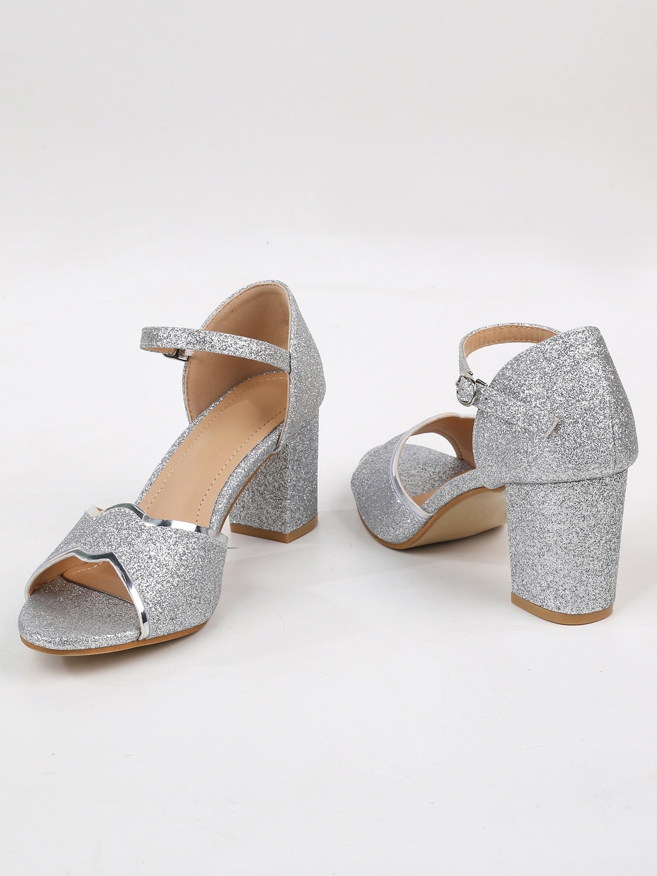 Women Ankle Strap Sandals, Glitter Chunky Heeled Glamorous Sandals Silver