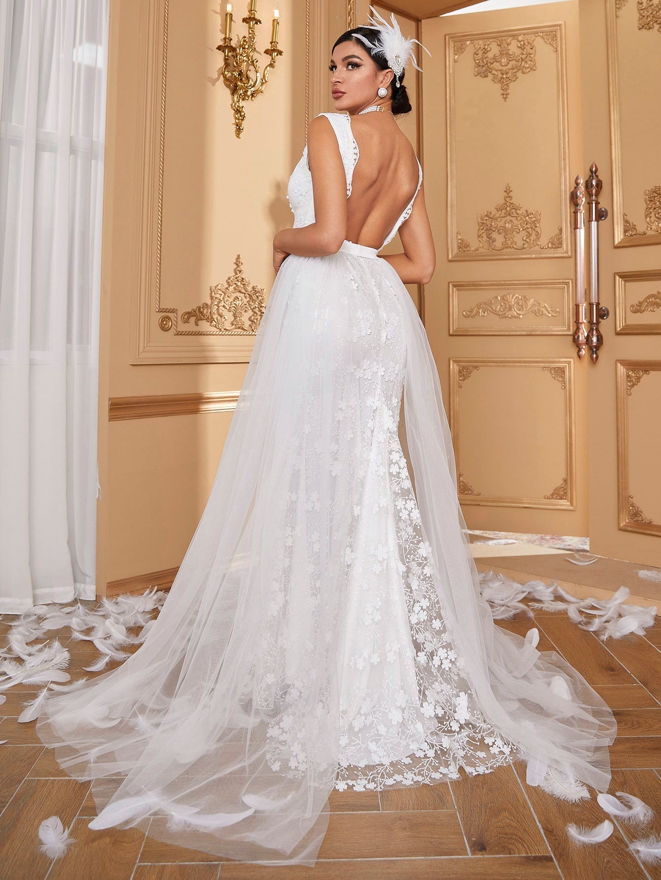 Giffniseti Contrast Mesh Lace Trim Floor Length Wedding Dress