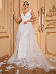 Giffniseti Contrast Mesh Lace Trim Floor Length Wedding Dress