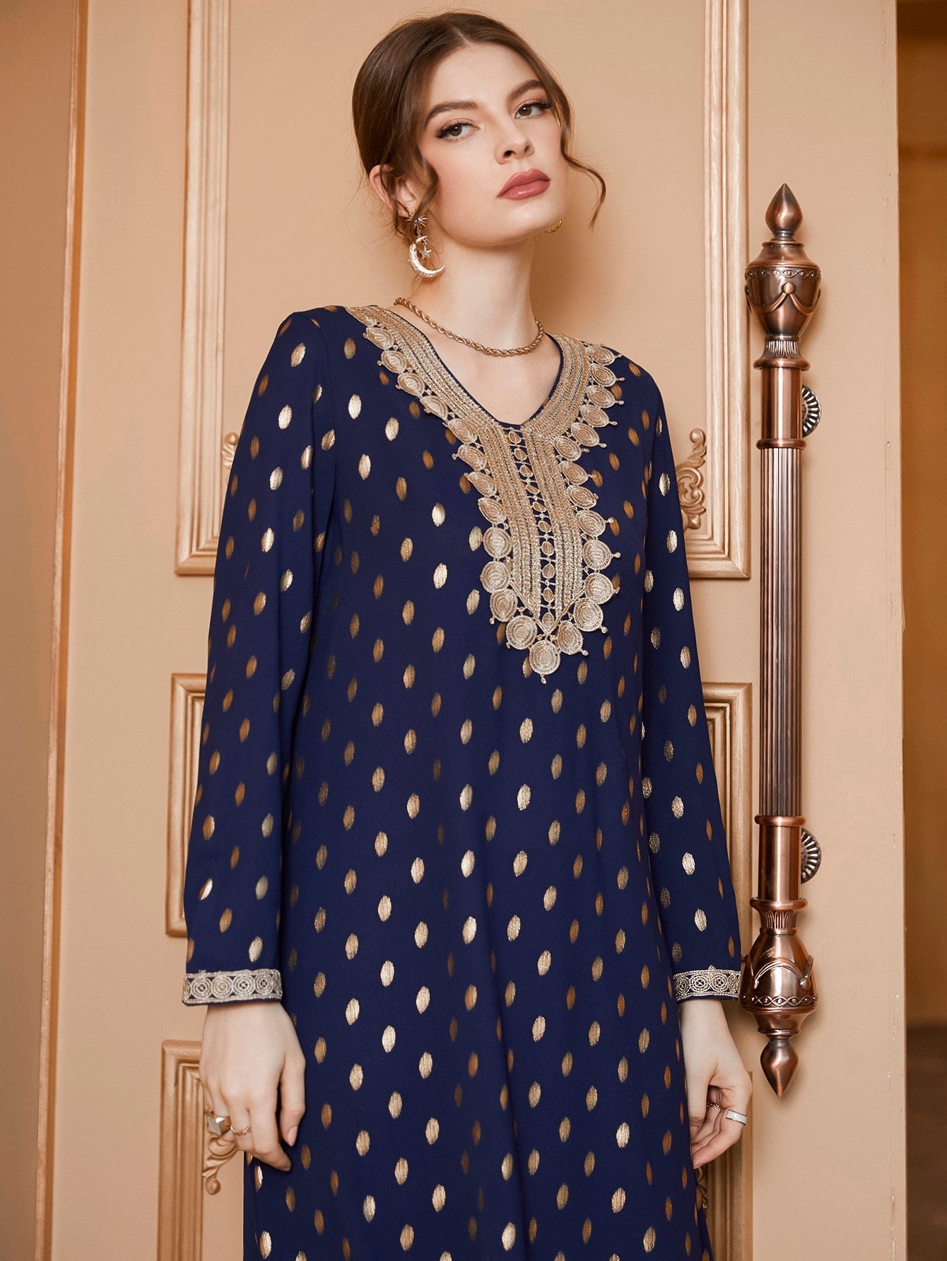 Najma Gold Dot Print Appliques Kaftan