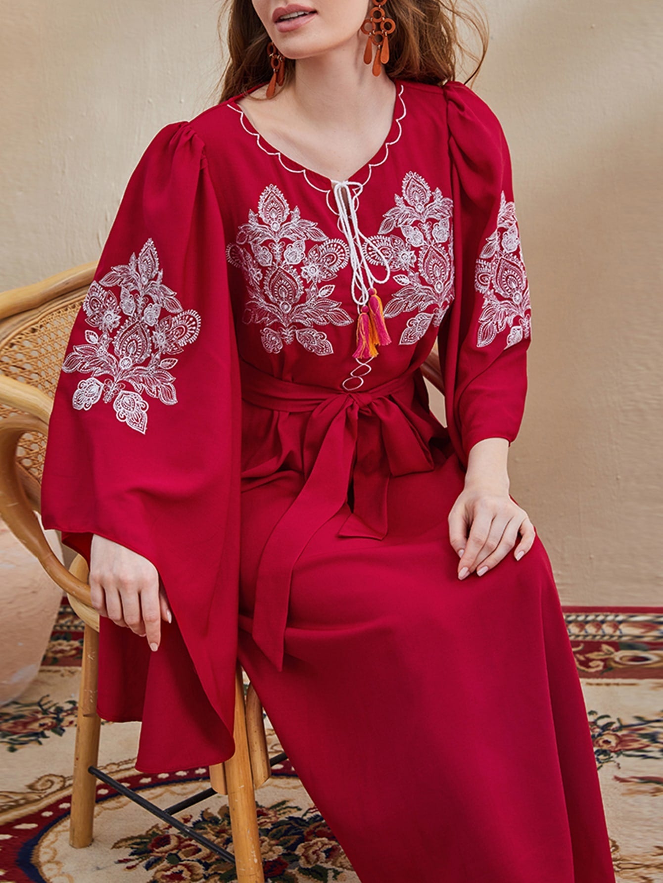 Najma Floral Embroidery Tassel Tie Neck Belted Kaftan Dress