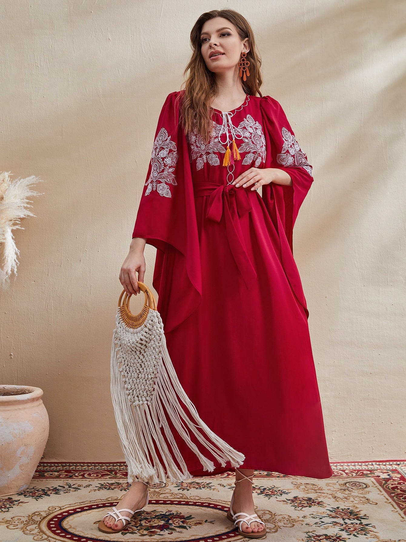 Najma Floral Embroidery Tassel Tie Neck Belted Kaftan Dress