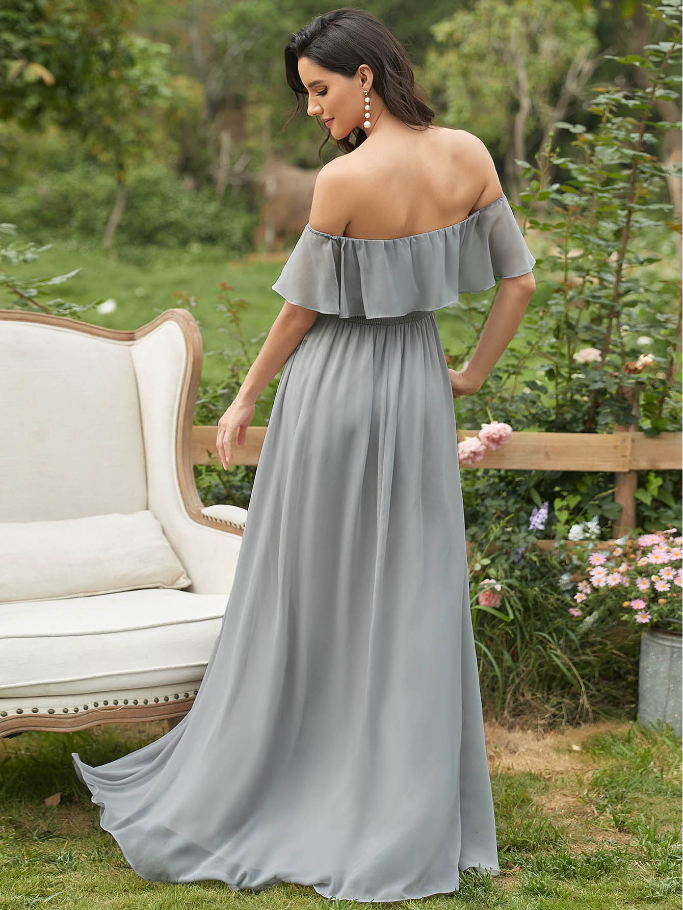 EVER-PRETTY Ruffle Off Shoulder Split Prom Dress