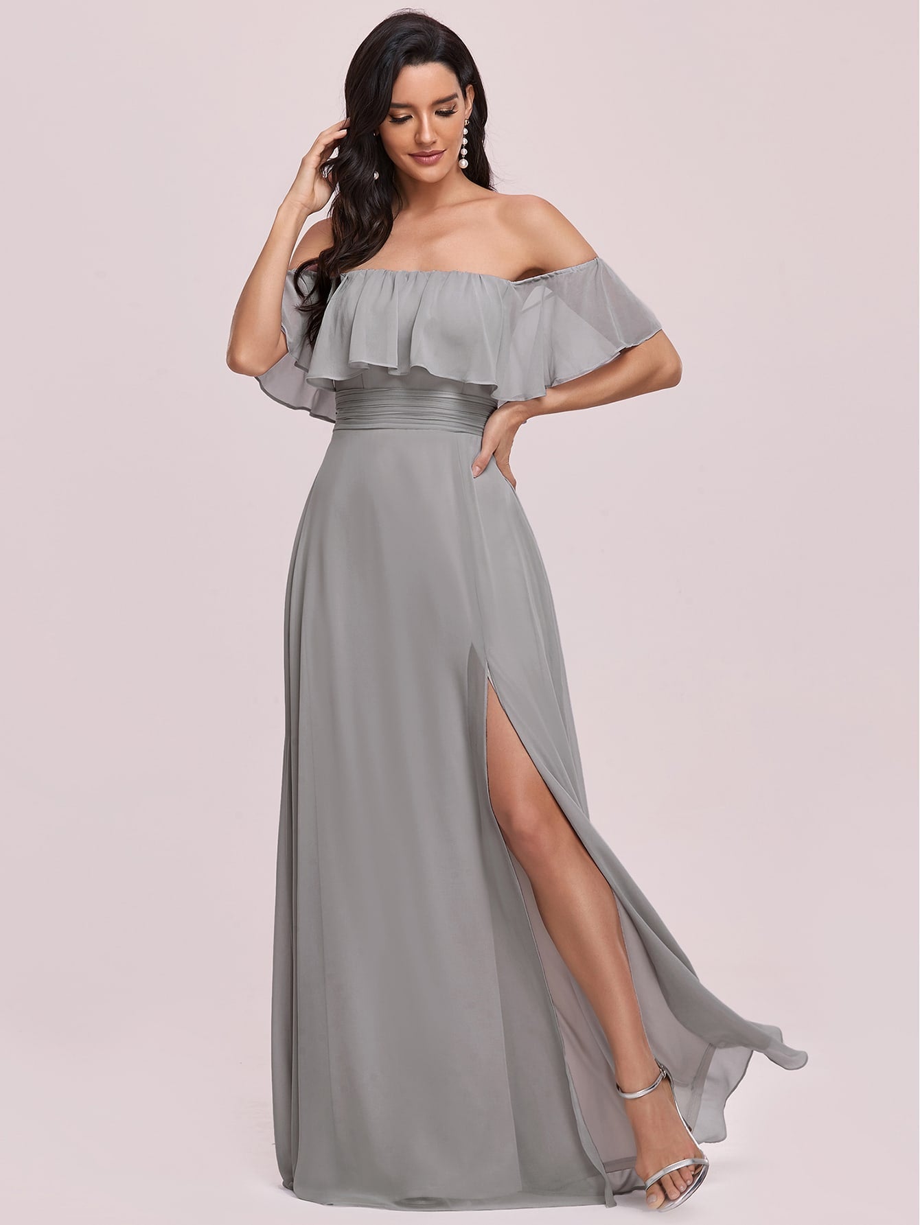 EVER-PRETTY Ruffle Off Shoulder Split Prom Dress