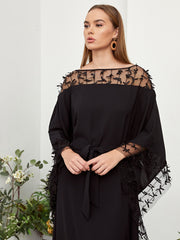 Najma Solid Sheer Contrast Mesh Applique Kaftan Dress