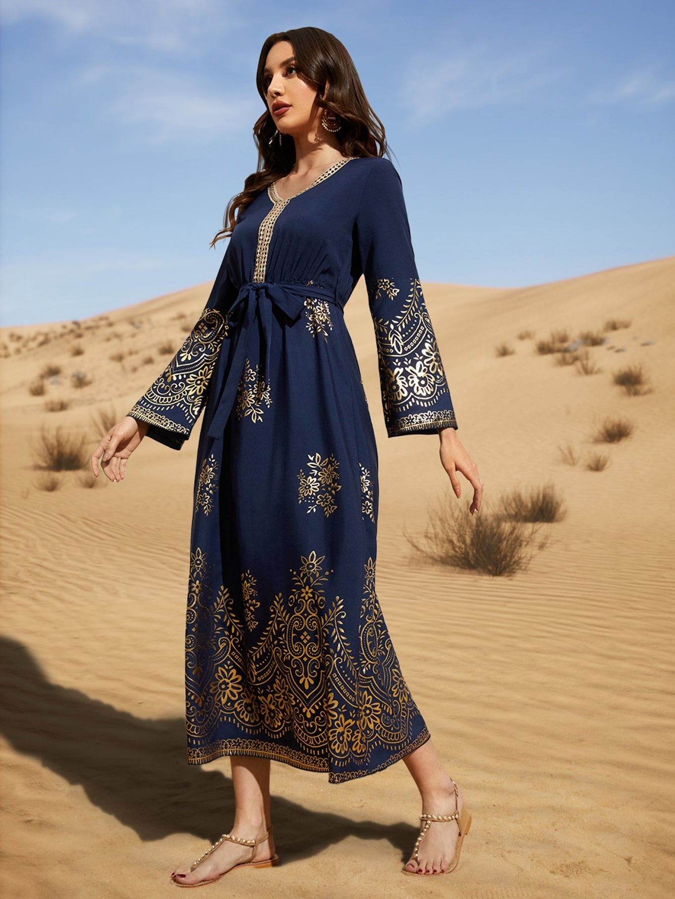 Najma 1pc Gold Floral Print Contrast Tape Belted Kaftan