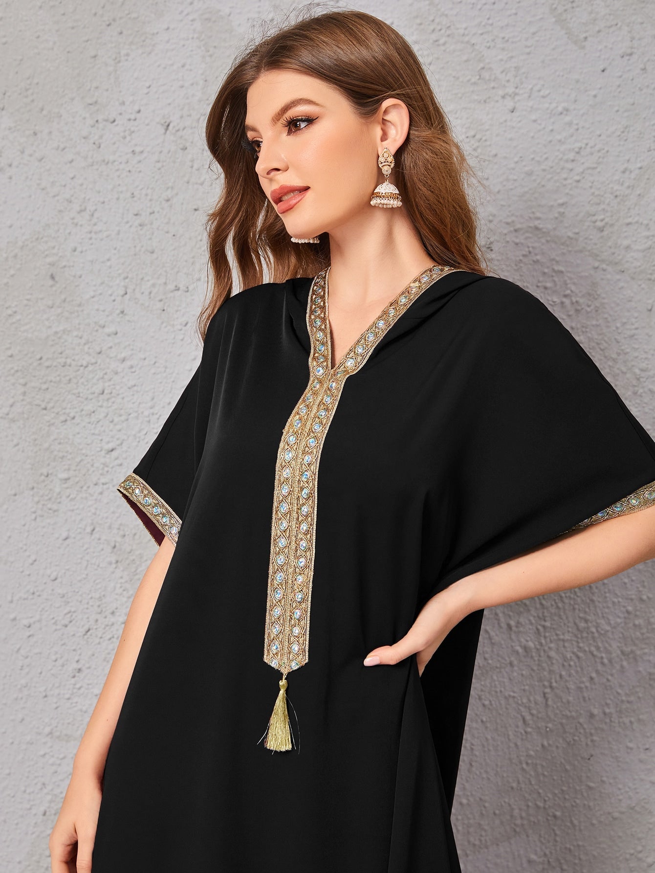 Najma Contrast Embroidered Trim Split Hem Kaftan