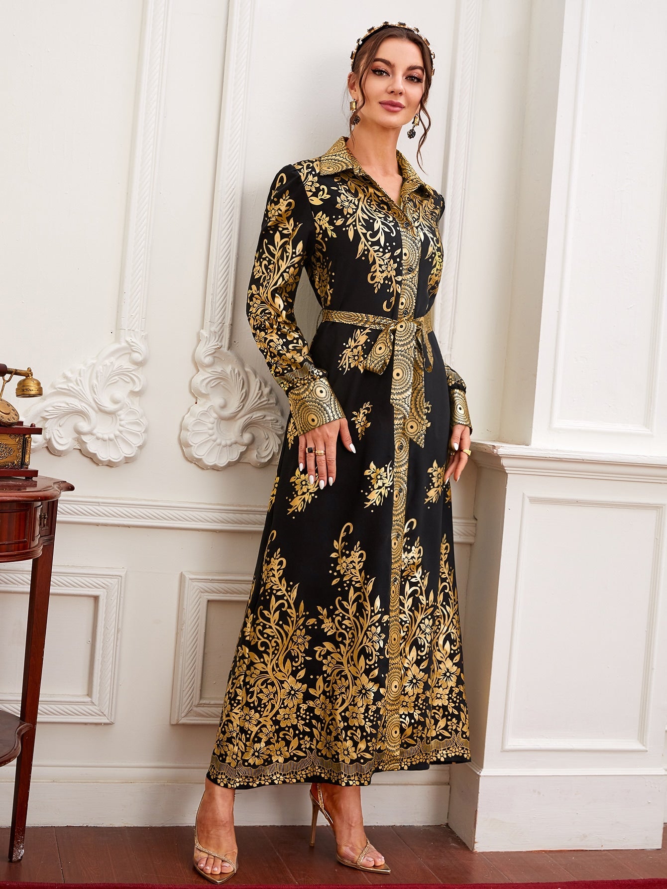 Najma Gold Floral Print Belted Kaftan