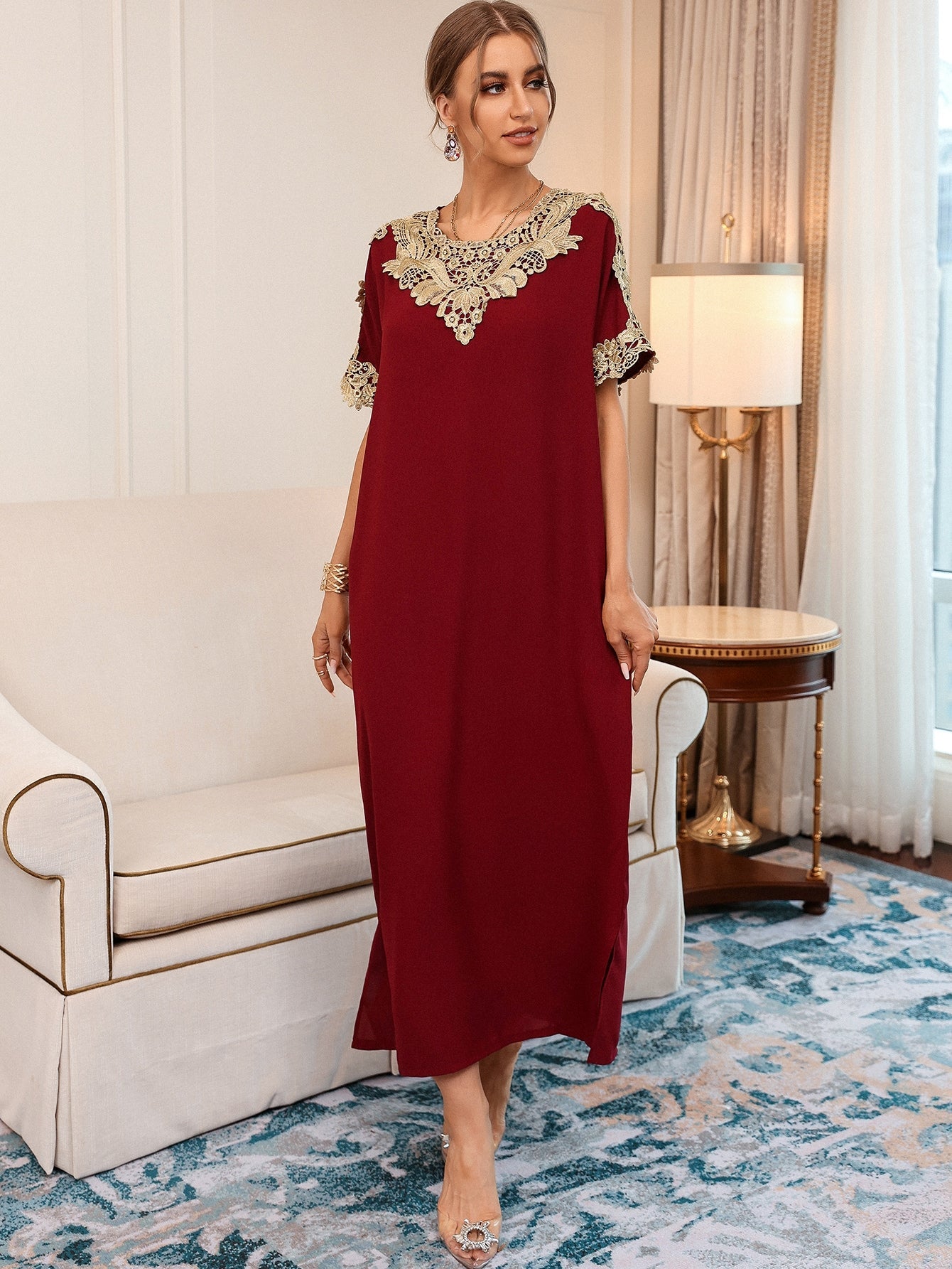 Najma Floral Appliques Split Hem Kaftan