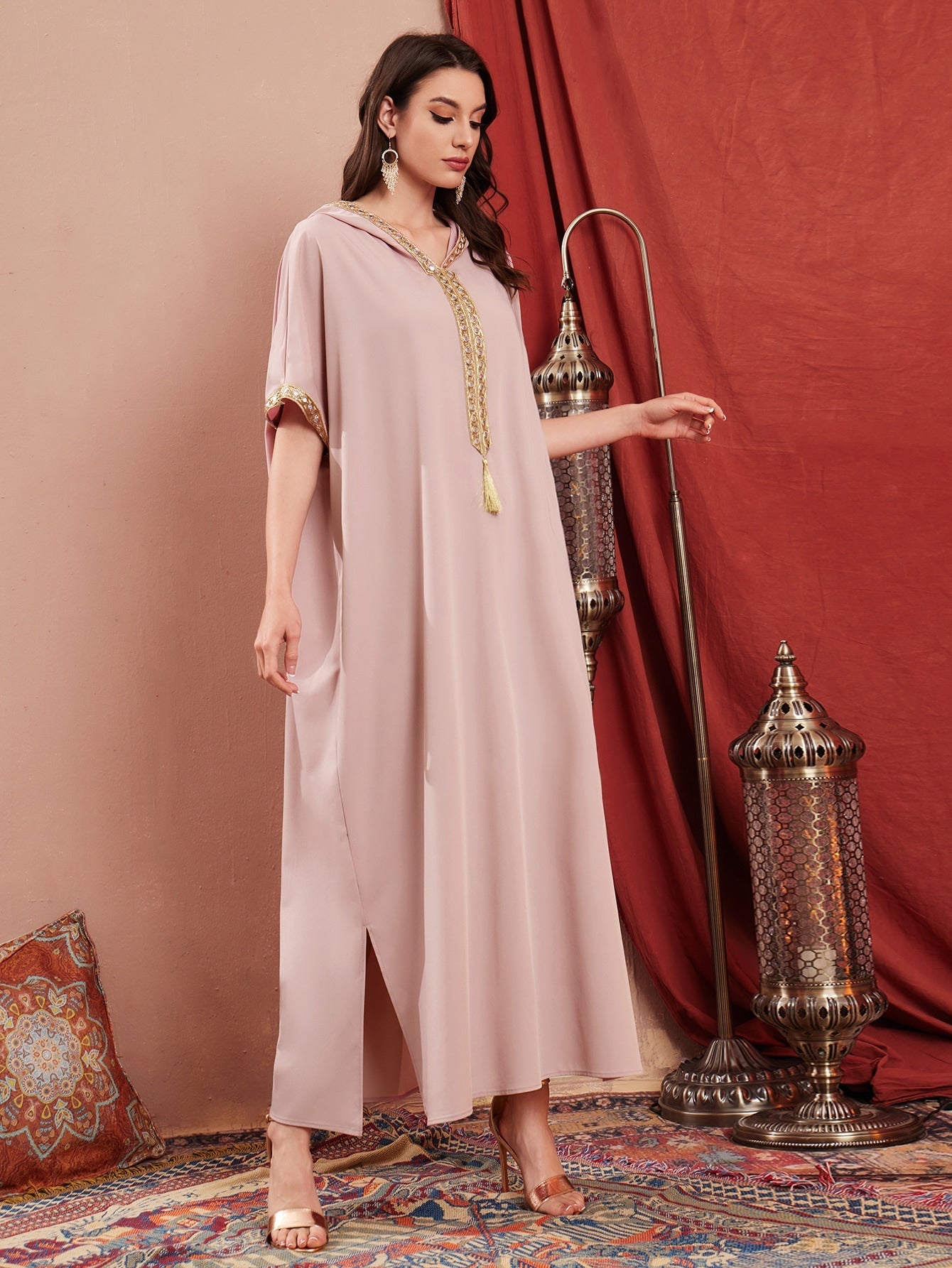 Najma Contrast Embroidered Trim Split Hem Kaftan