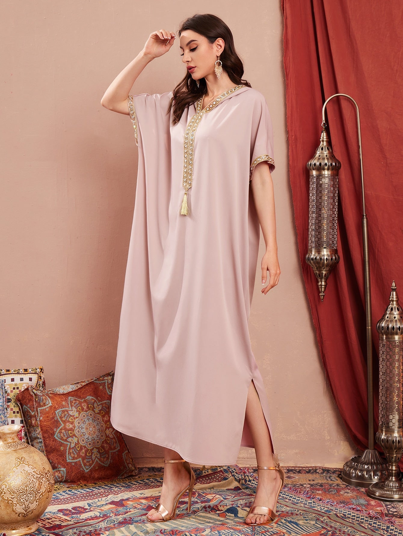 Najma Contrast Embroidered Trim Split Hem Kaftan