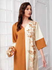 Najma Notched Neck Floral Print Colorblock Kaftan