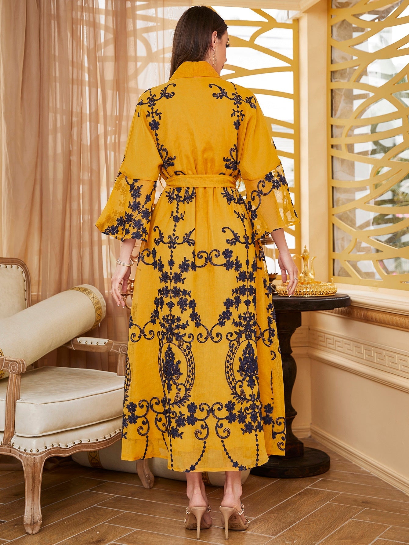 Najma Baroque Print Flounce Sleeve Belted Kaftan