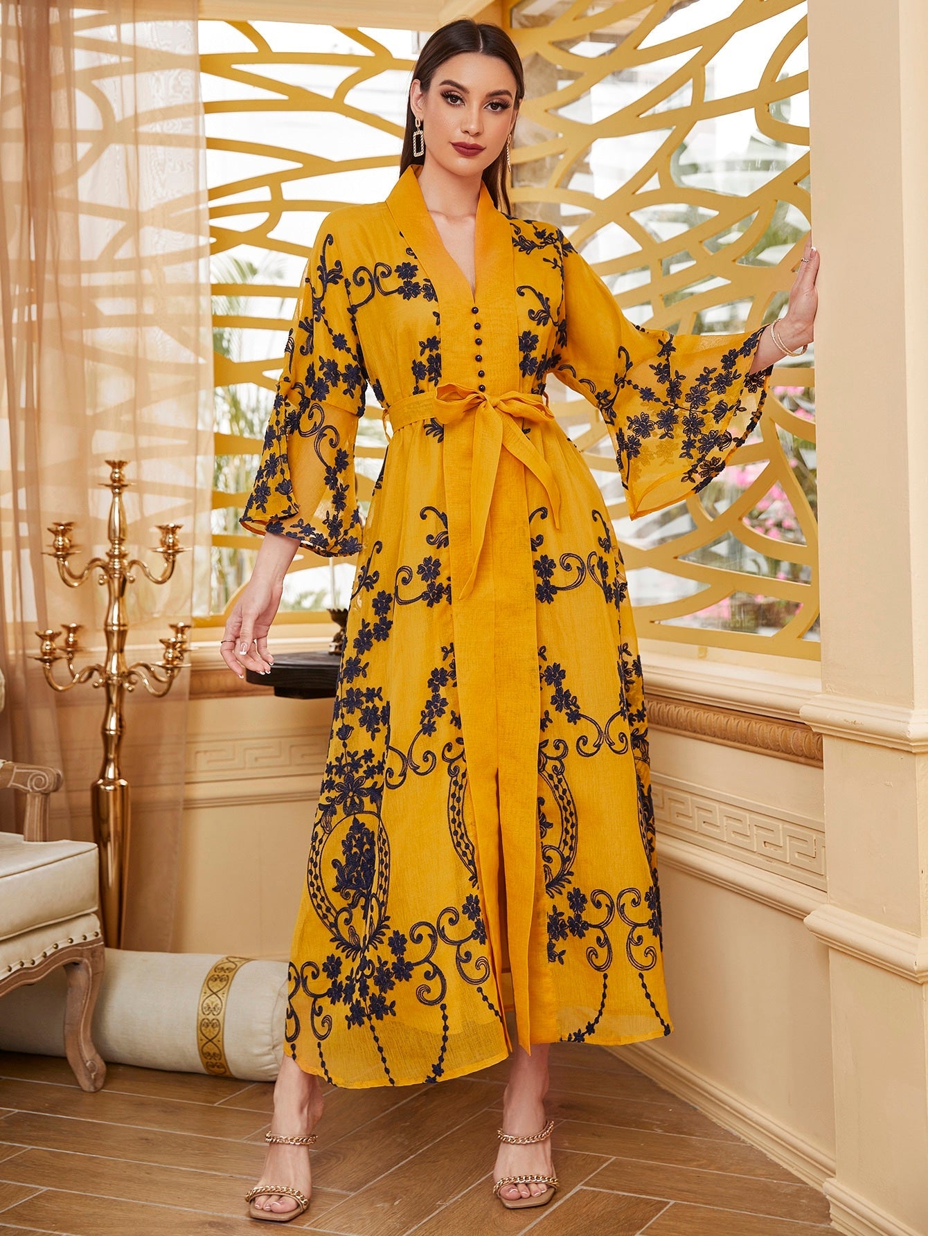 Najma Baroque Print Flounce Sleeve Belted Kaftan