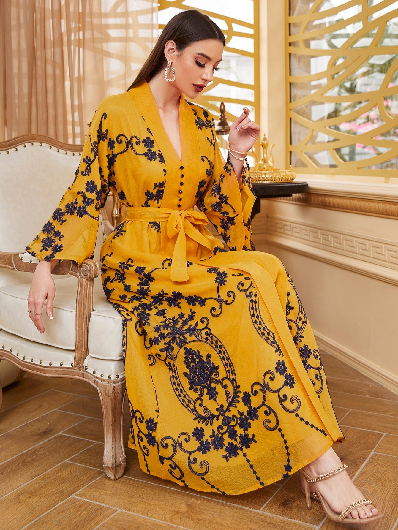 Najma Baroque Print Flounce Sleeve Belted Kaftan