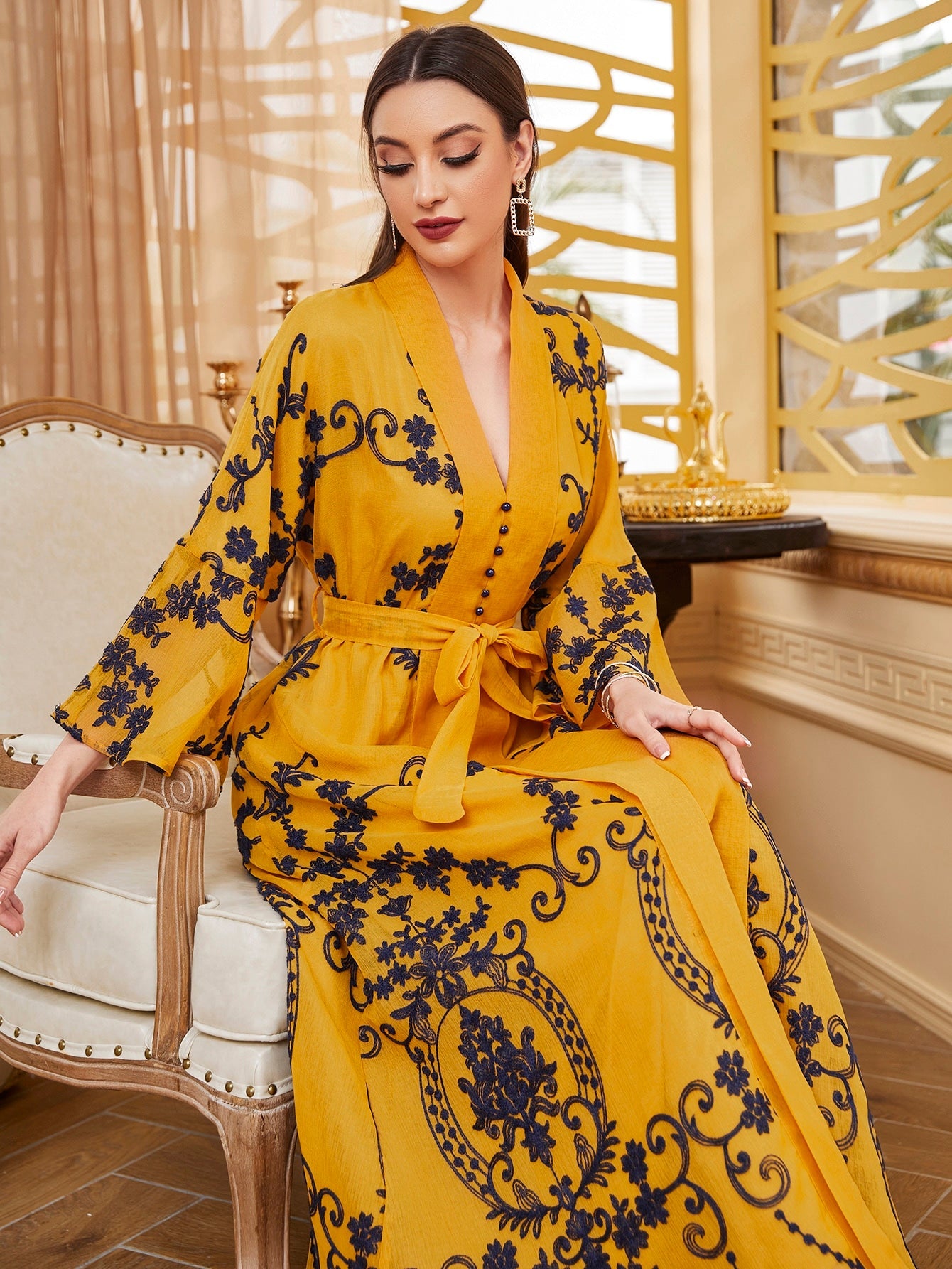 Najma Baroque Print Flounce Sleeve Belted Kaftan