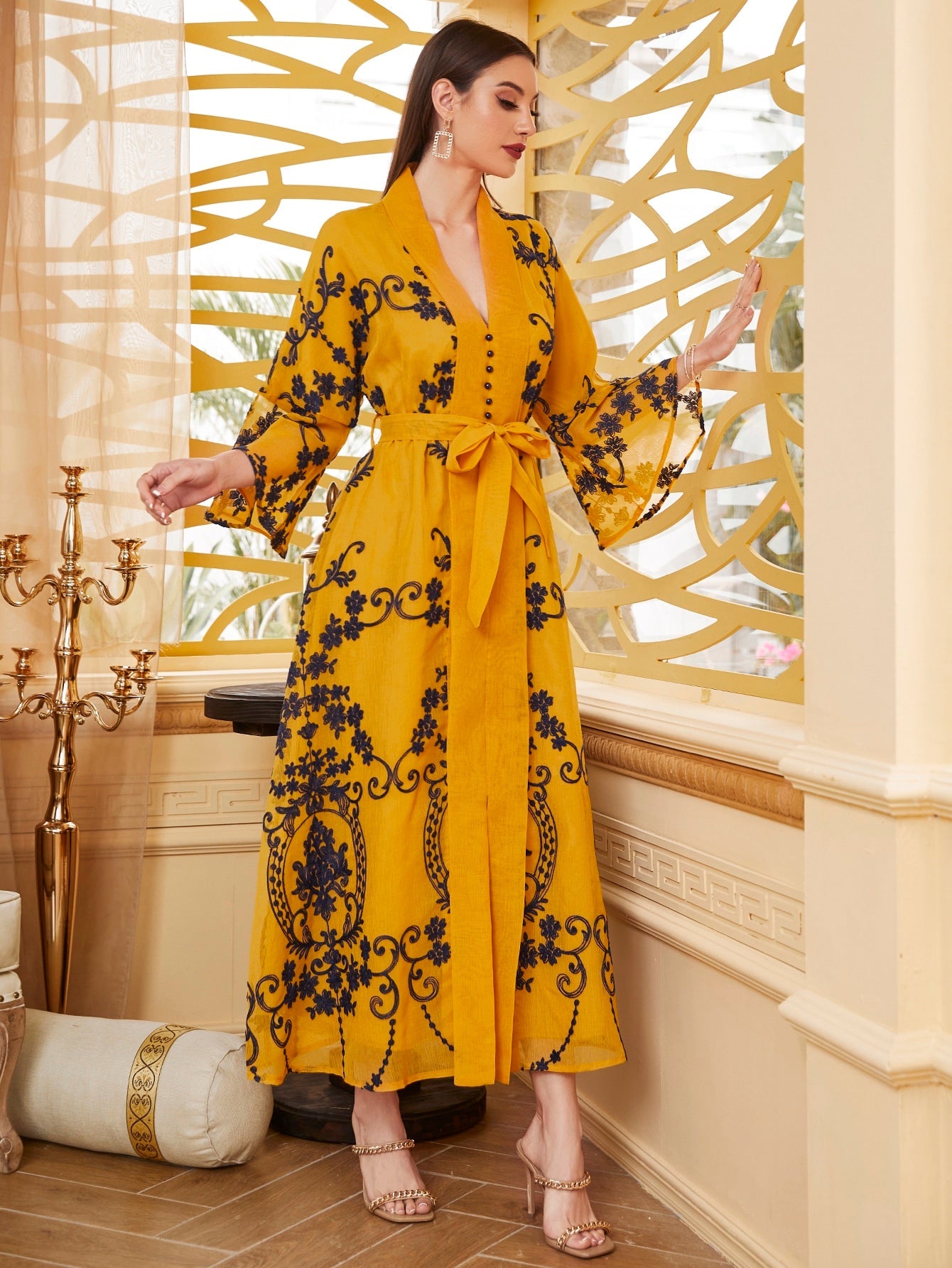 Najma Baroque Print Flounce Sleeve Belted Kaftan