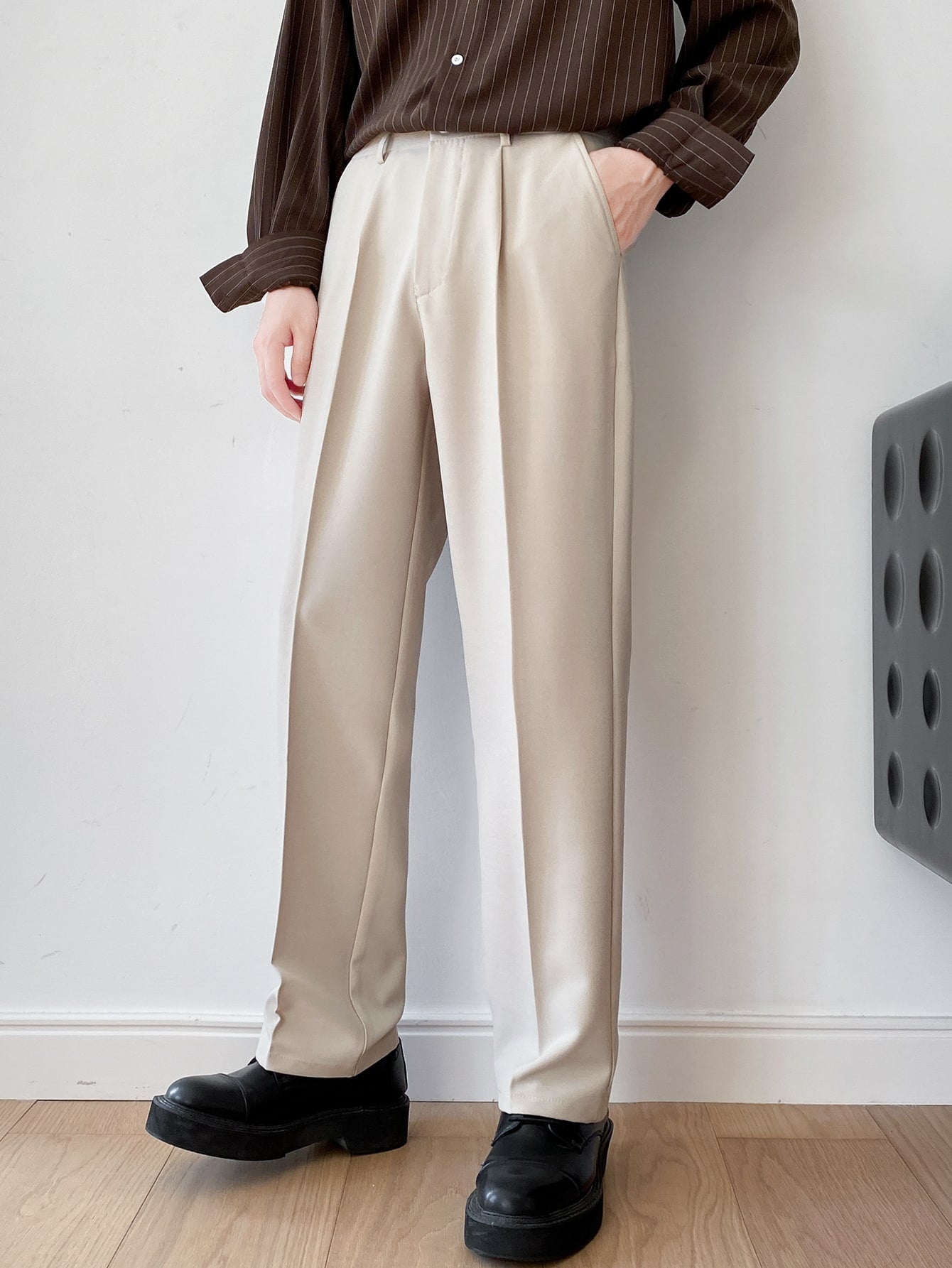 Men Fold Pleated Slant Pocket Suit Pants