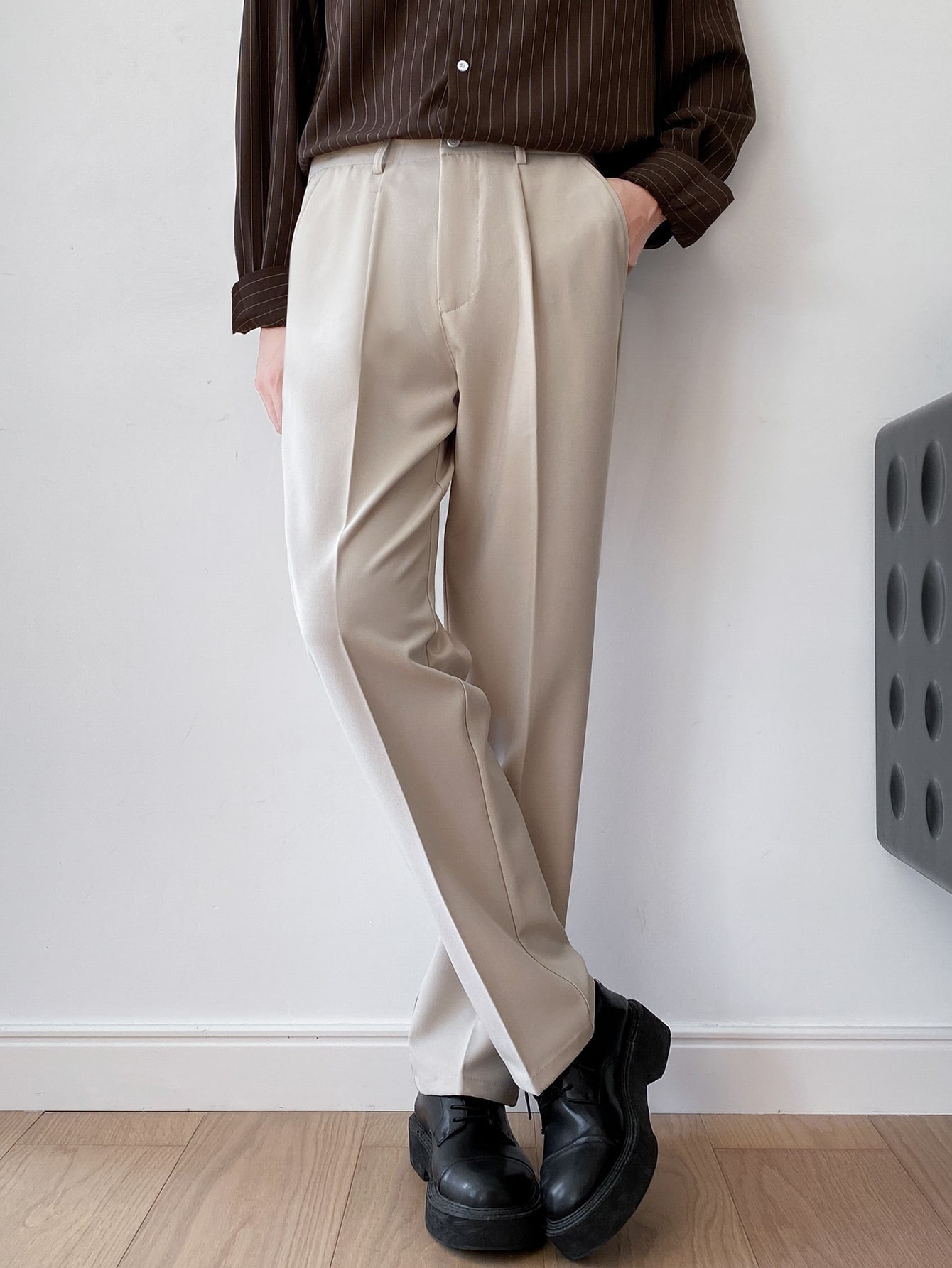 Men Fold Pleated Slant Pocket Suit Pants