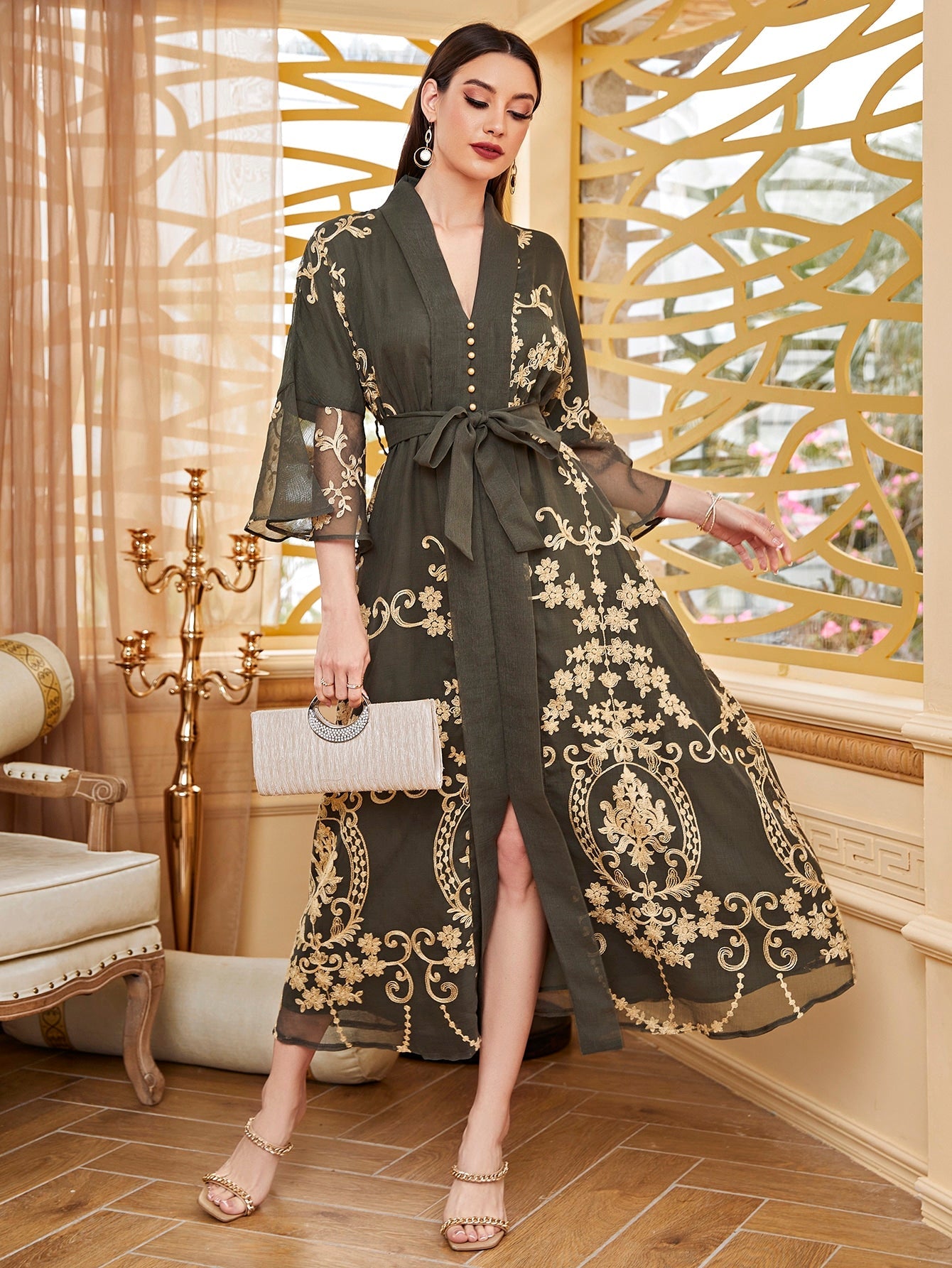 Najma Baroque Print Flounce Sleeve Belted Kaftan