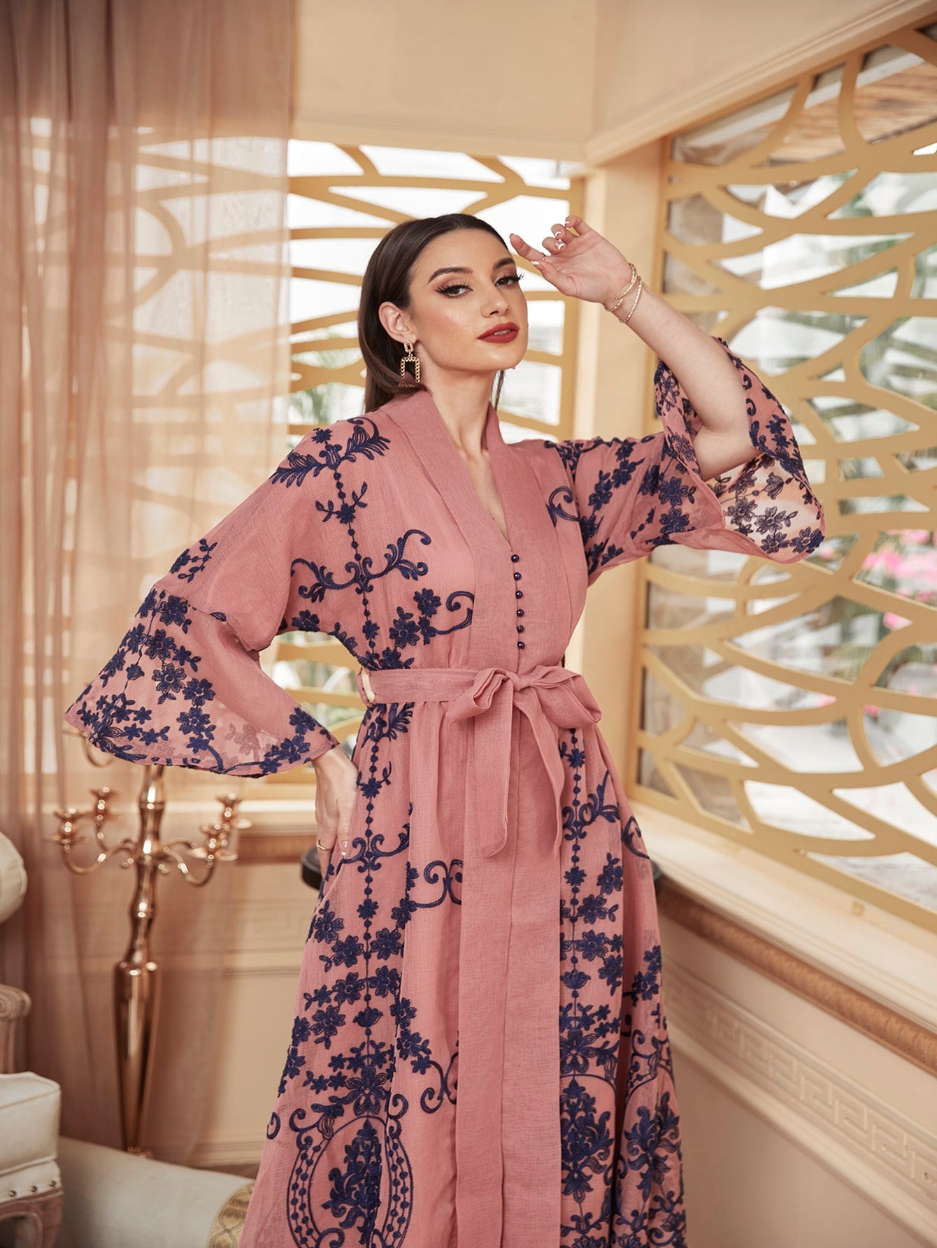 Najma Baroque Print Flounce Sleeve Belted Kaftan