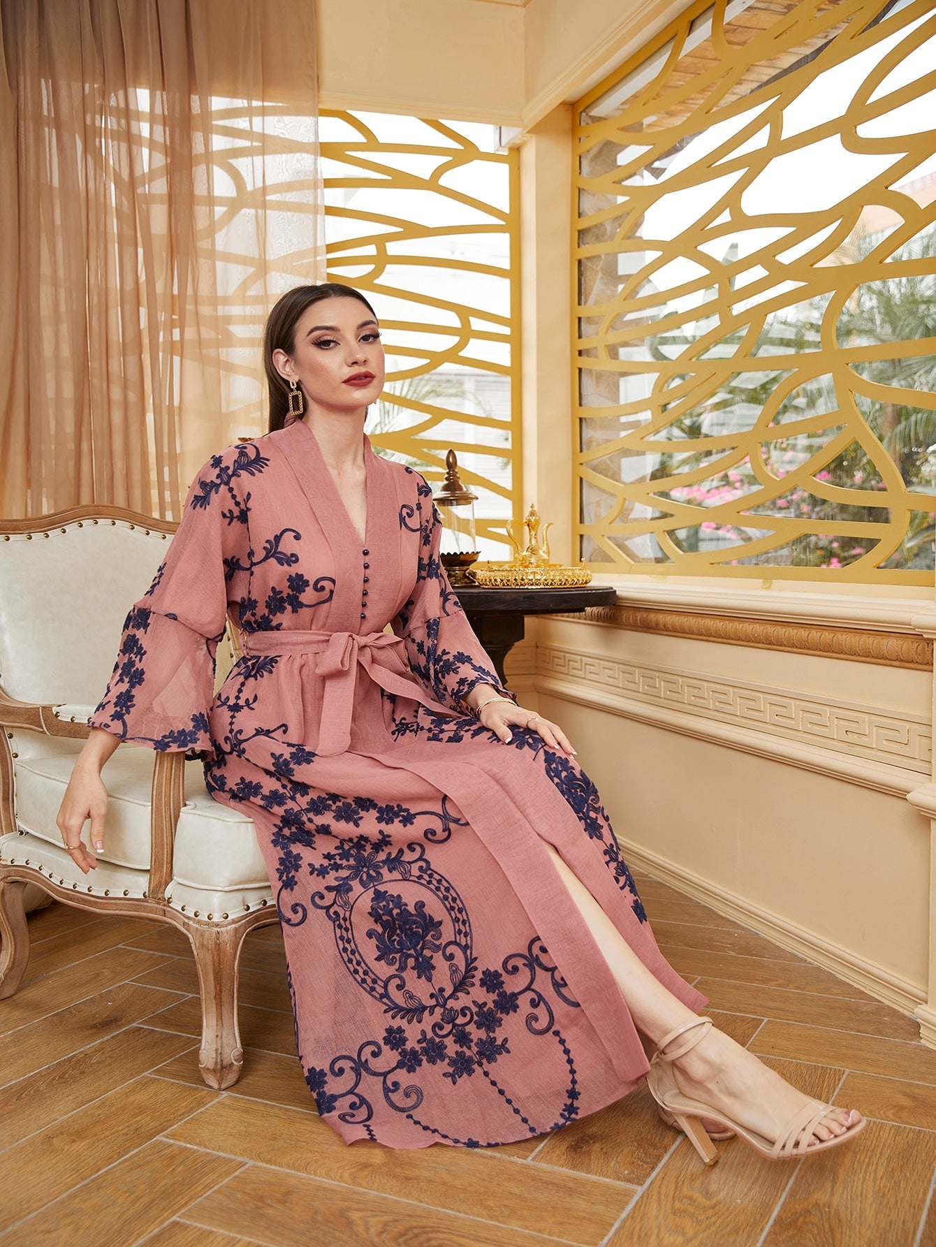 Najma Baroque Print Flounce Sleeve Belted Kaftan