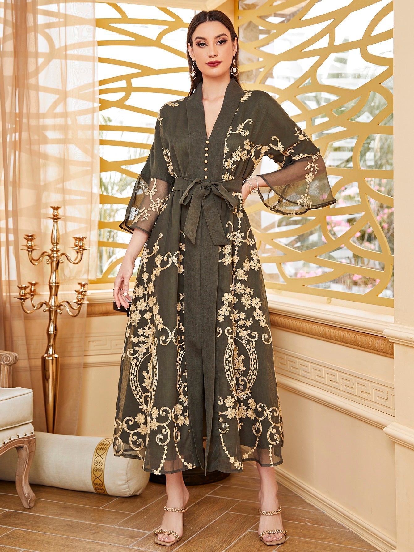 Najma Baroque Print Flounce Sleeve Belted Kaftan