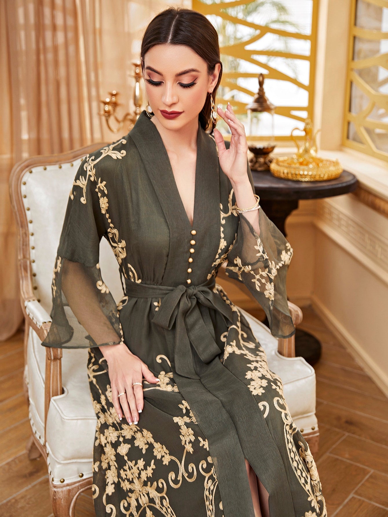 Najma Baroque Print Flounce Sleeve Belted Kaftan