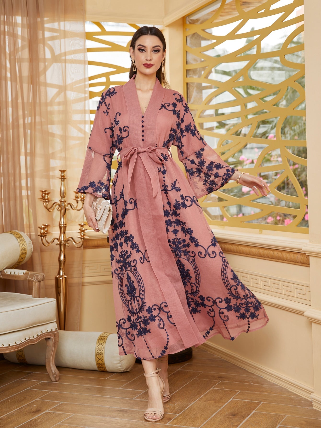 Najma Baroque Print Flounce Sleeve Belted Kaftan